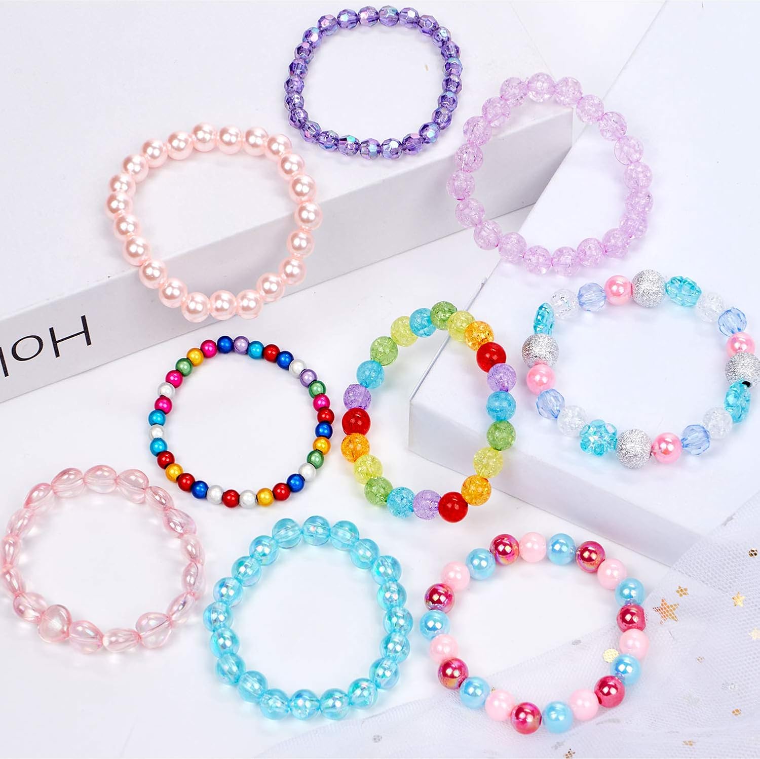 X-HBL02 12 Pcs Girls Beaded Bracelets Rainbow Baby Toddler Cute Friendship Stretchy Costume Jewelry Set