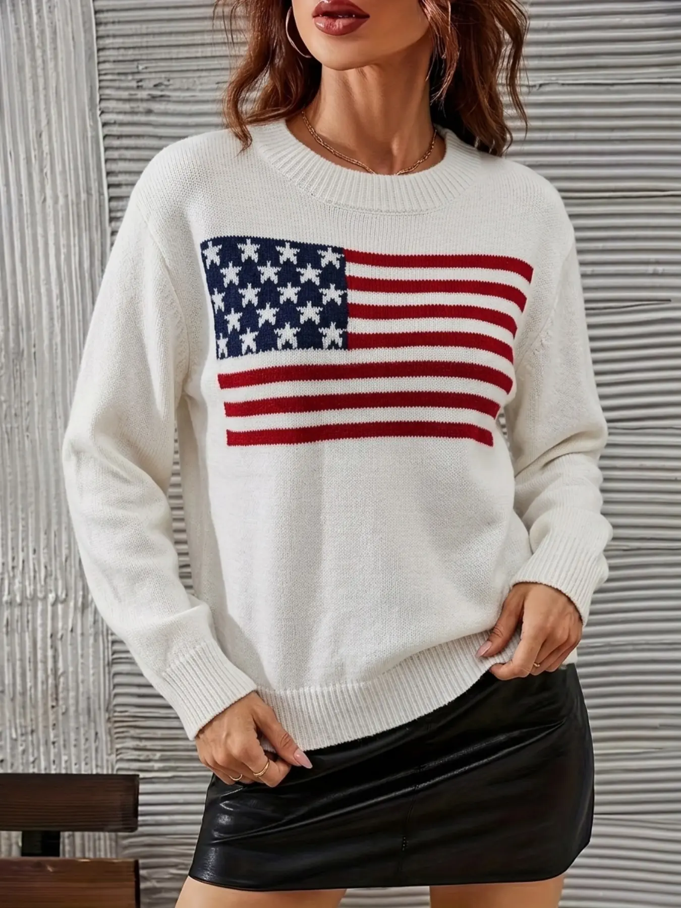 2026 New American Vintage Women's Round Neck Star Flag Jacquard Knit Sweater, Loose Fit, Long Sleeve, Casual Daily Wear, Knitwear
