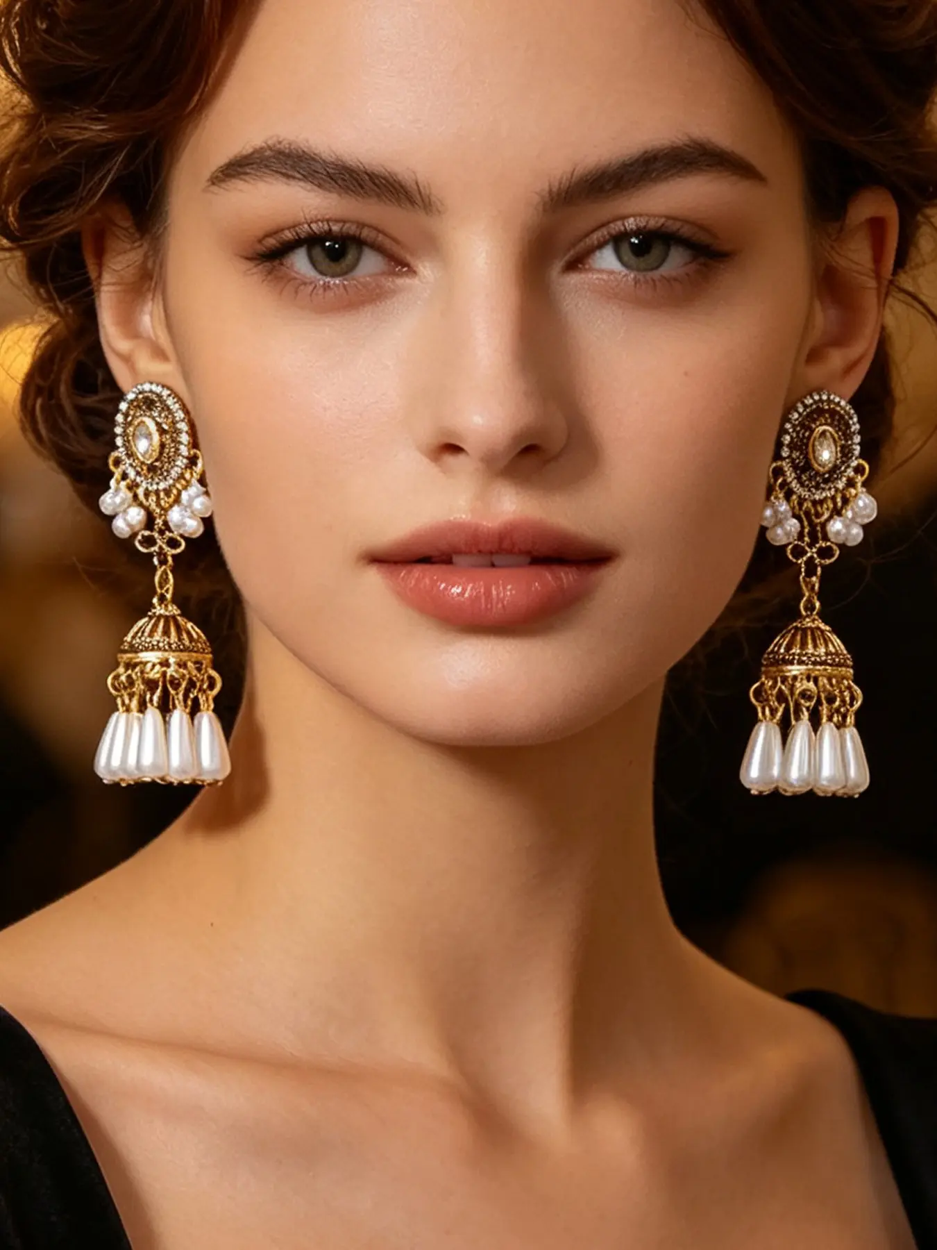 Vintage Indian Court Birdcage Earrings, Ethnic Rhinestone Bell Ear Jewelry, Exotic Photo Accessories, Pair of Unique Earrings