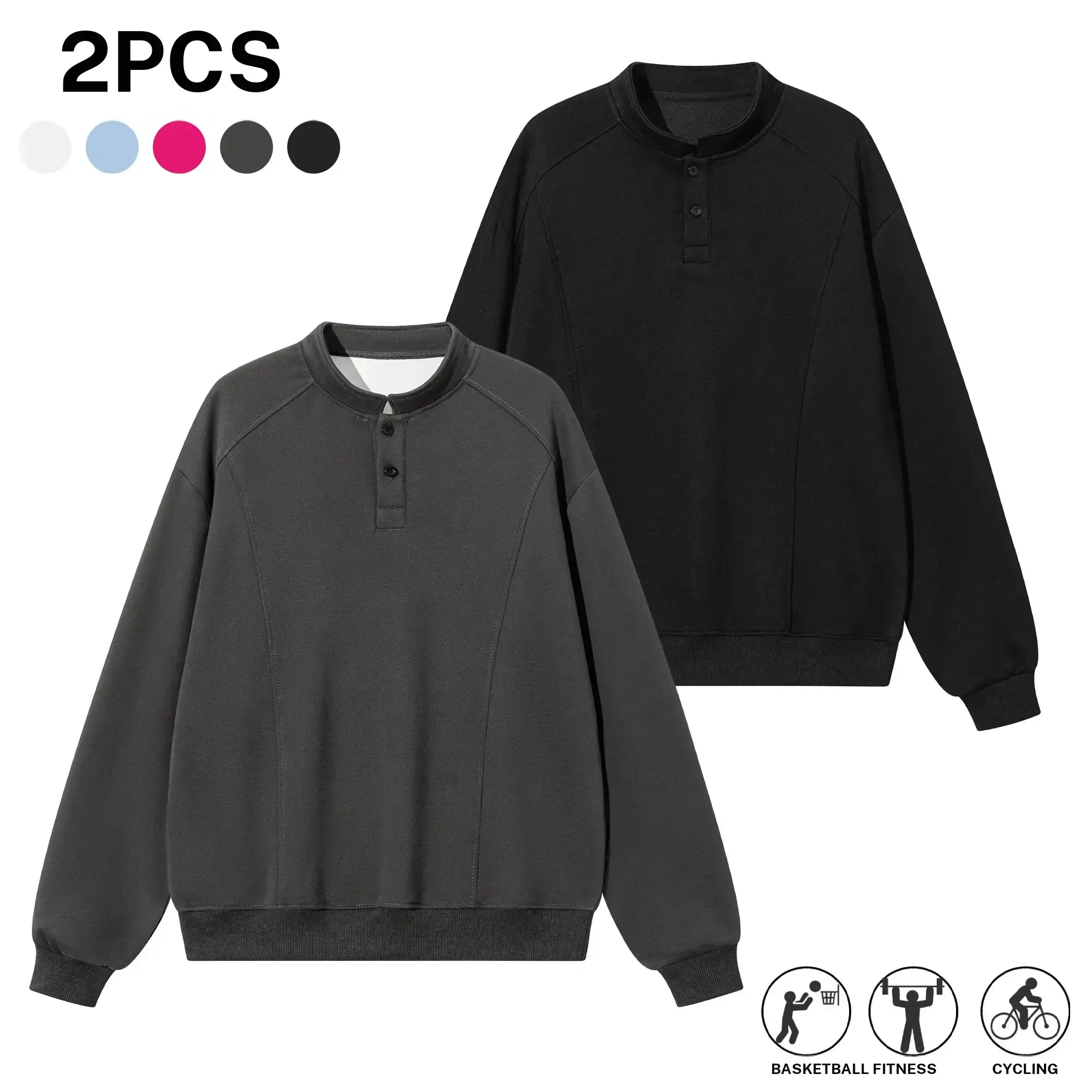 Pack of 2 or 1 piece; men’s athletic sweatshirt featuring a buttoned collar, raglan sleeves, and vertical seam design; loose, casual pullover style; menswear; black long-sleeve top; suitable for everyday wear, commuting, and street-style lo