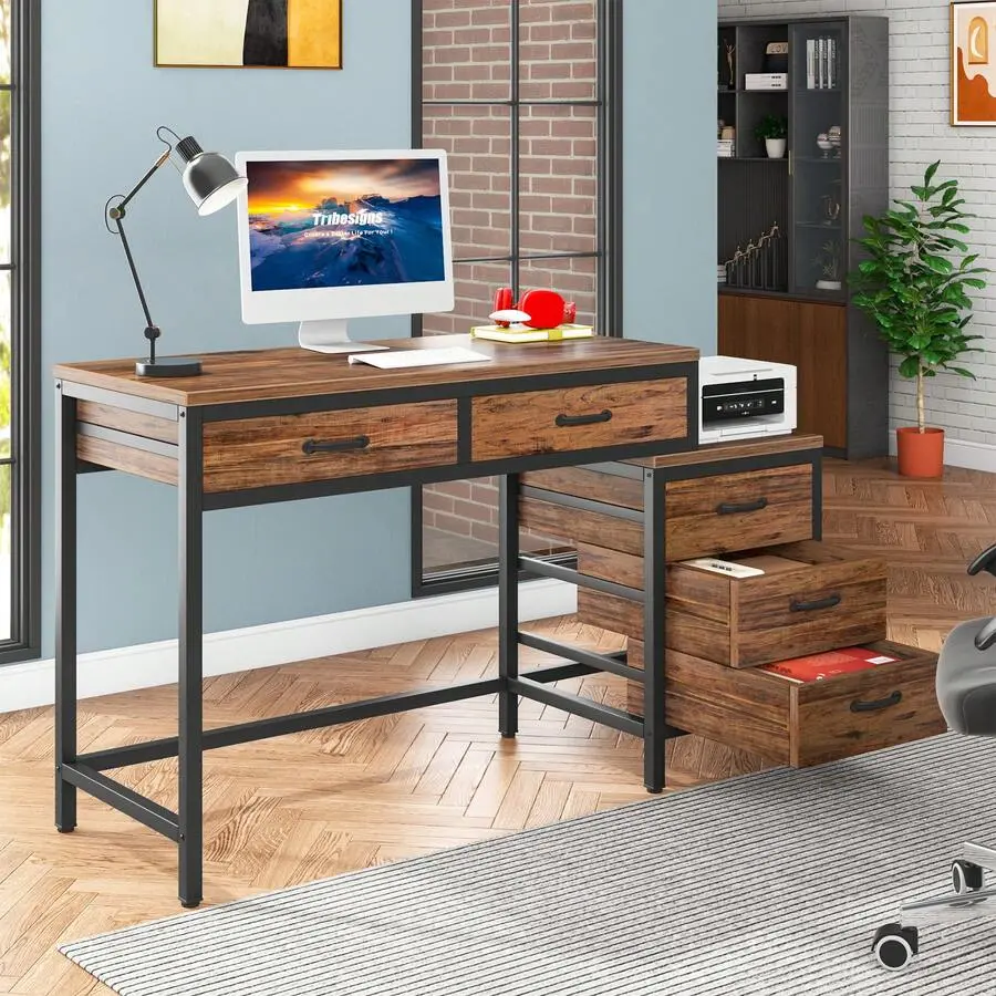 Industrial Office Desk with 5-Drawer Reversible Cabinet, Durable MDF Board & Metal Frame Rustic Writing Table with Printer Stand for Small Spaces (Vanity Table Compatible), Five Drawers