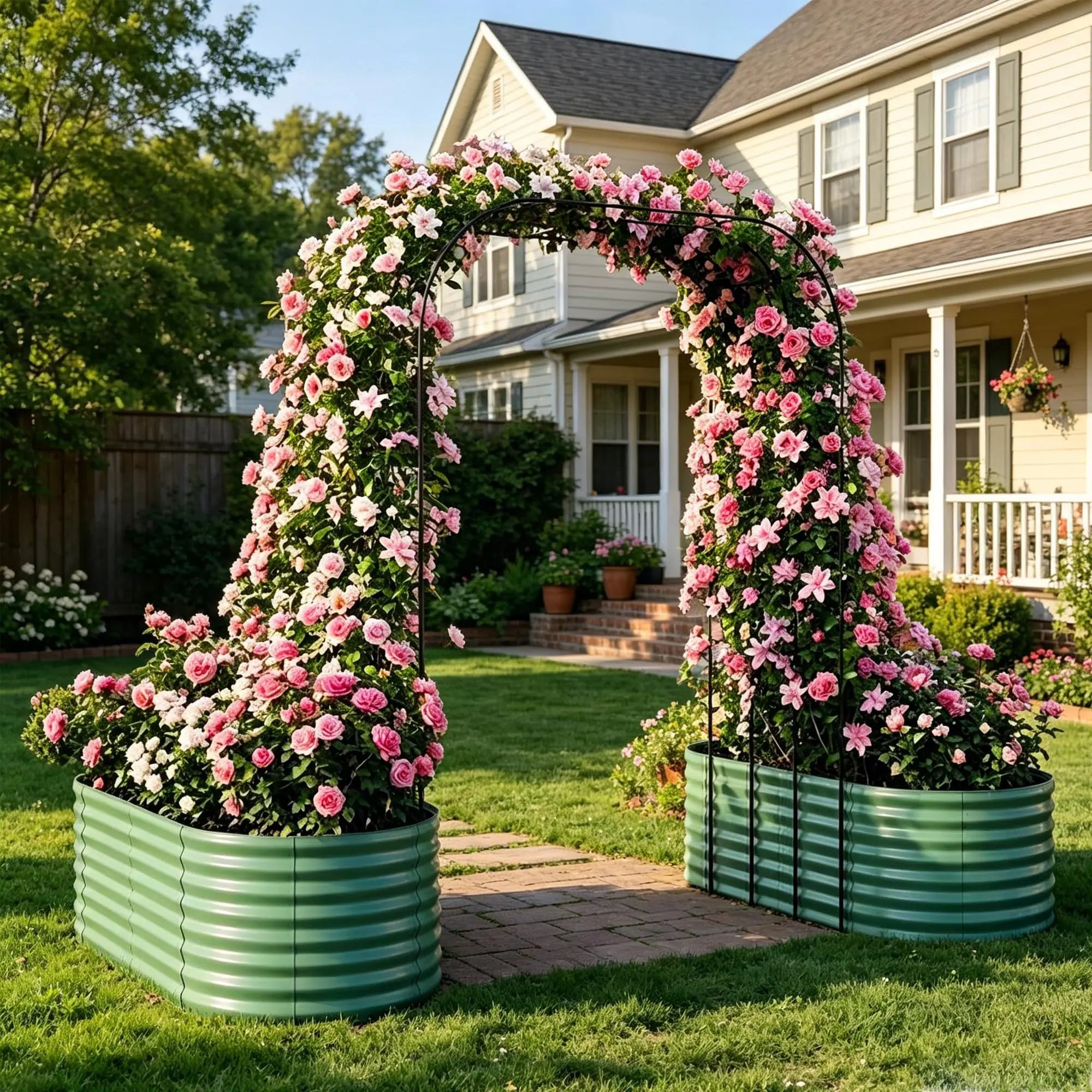 【Garvee】Galvanized Raised Garden Bed with 96-Inch Tall Vertical Arch Trellis – Expandable Rust-Resistant Planter Box for Outdoor Plants, Flowers, Herbs, and Vines – Includes Plant Clips and Drainage Netting – Green
