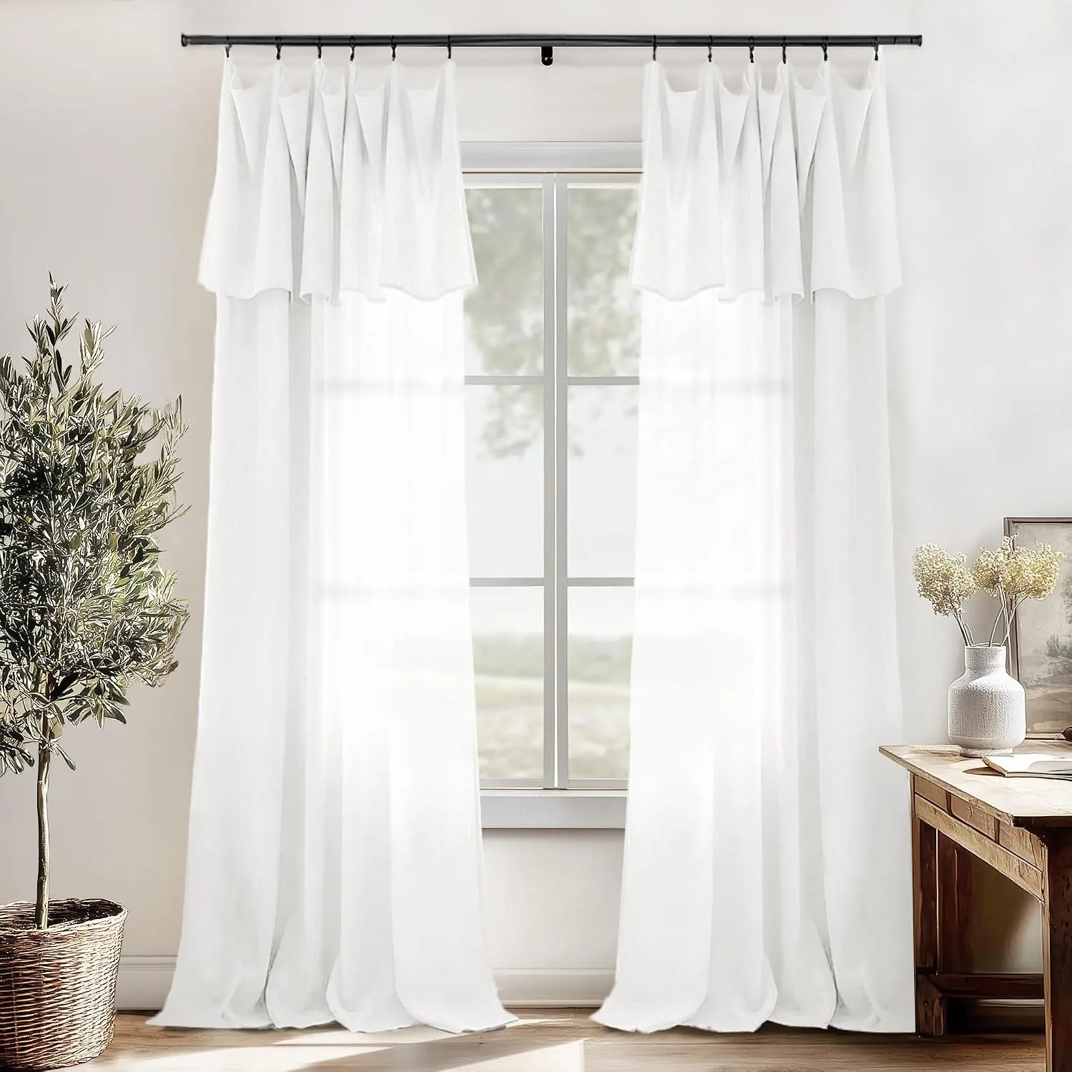 Ruffled Edge White Light Filtering Linen Curtains - Modern Boho Semi Sheer Set of 2, 84in Long Coastal Room Decor for Bedroom Living Room