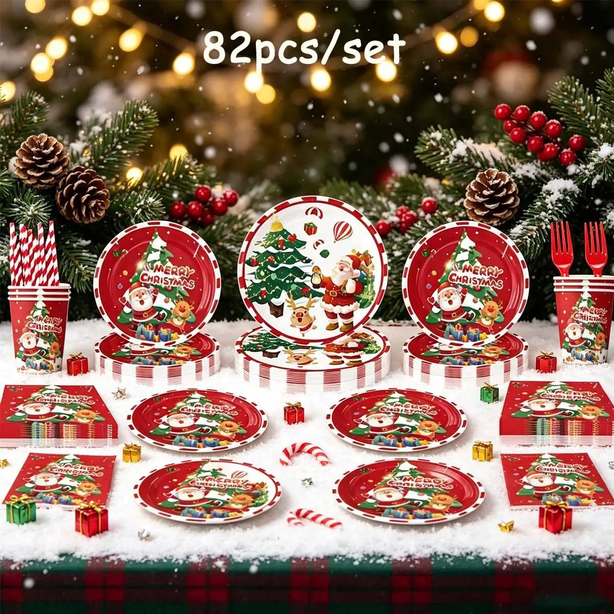 Christmas Paper Plates and Napkins Party Supplies, Xmas Tree Disposable Tableware Set for Winter Holiday Christmas Decoration
