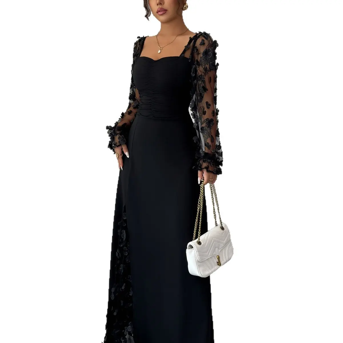 Women's French Vintage Evening Maxi Dress Square Neck Mesh Sheer Long Sleeve Ruched Prom Gown Sexy Side Split Elegant Bodycon Wedding Guest Cocktail Party Dresses