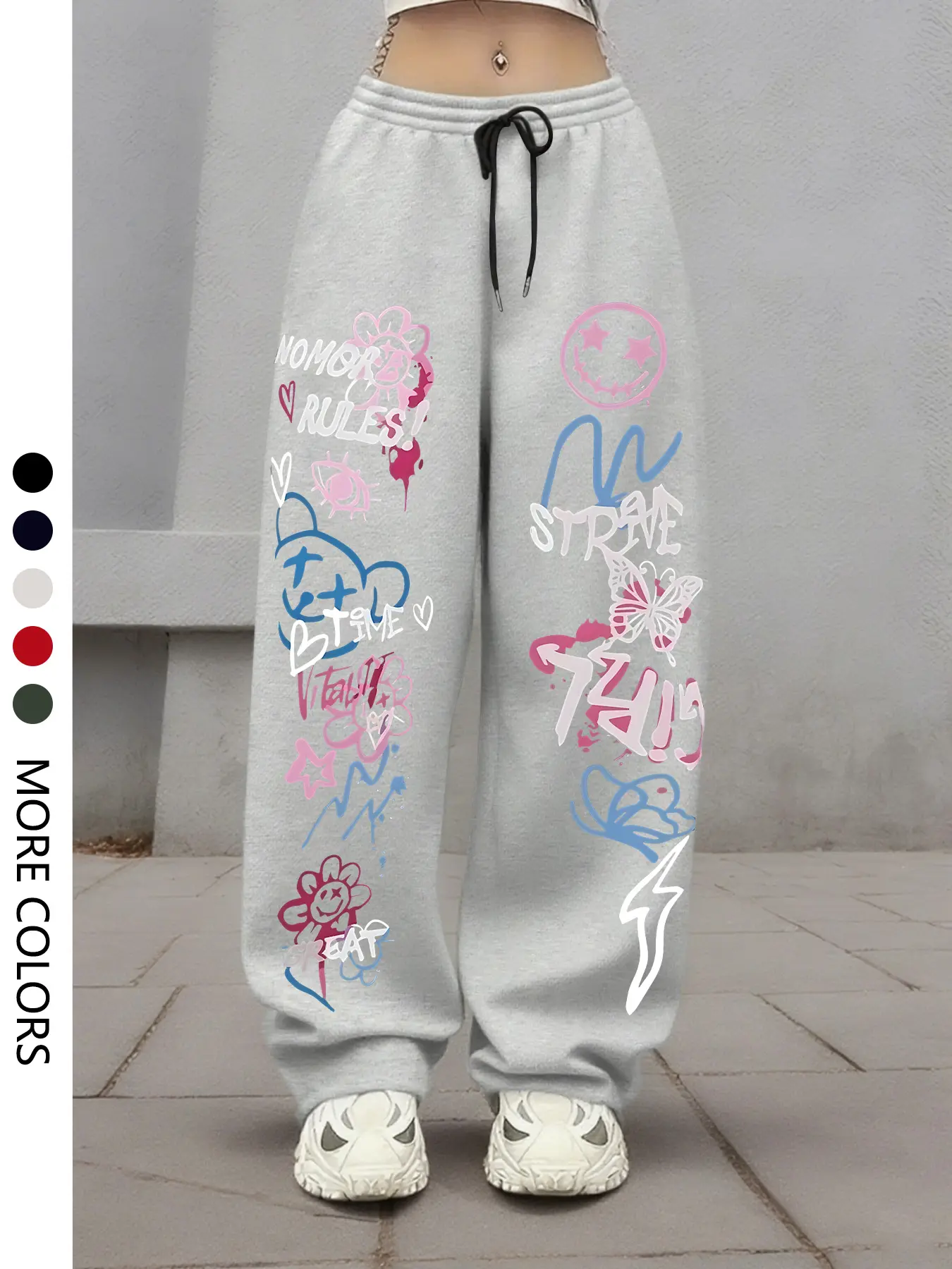 Women's Casual Loose-Fit Long Pants Knit, Fun Graffiti Letter Emoji Butterfly Print, Fashionable Everyday Wear, Suitable for Home and Outdoors