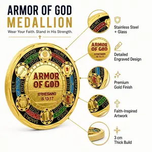 Golden Stainless Steel Glass Armor of God Memorial Medal, Religious Decorative Ornament for Home Desk Window, Faithful Decoration Piece