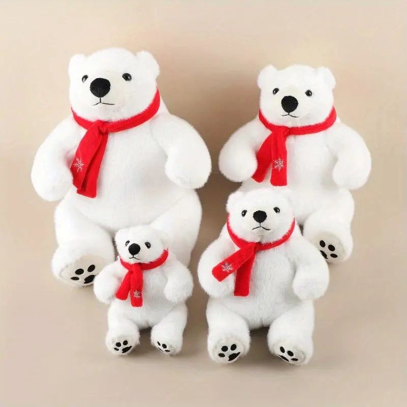 9.84 Inches (25cm) Large Ocean White Polar Bear Plush Toy - Red Scarf, Expressive Eyes, Fluffy Texture, Durable Fabric, Cute Animal Home Decor, Cuddly Companion, Christmas Gift Ideas
