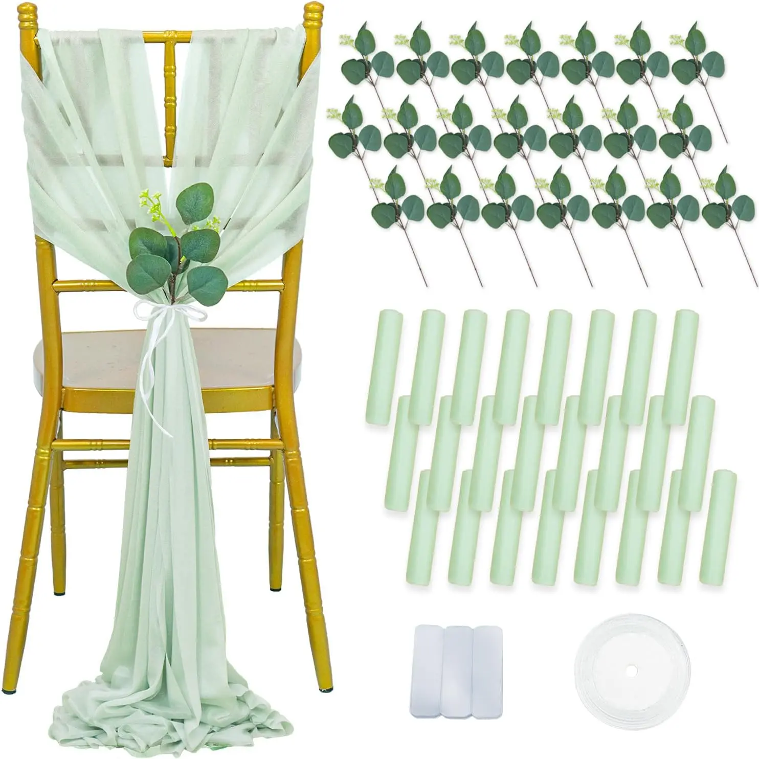 Chair Sashes Sage Green Wedding Chair Decorations 24 Pack Chairs Cover 8FT Long Sheer Chiffon Bows for Chairs Aisle Decor for Wedding Ceremony Church Pew Party Banquet Bridal Shower