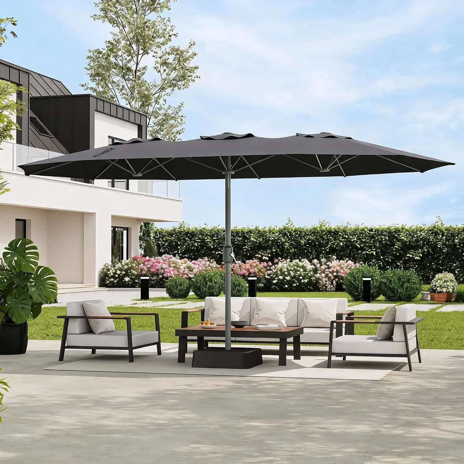 9x15 ft Large Outdoor Umbrella with Base, Extra Wide Patio Umbrella with UV Protection, Heavy Duty Backyard & Pool Umbrella with 12 Ribs for Garden Patio Balcony