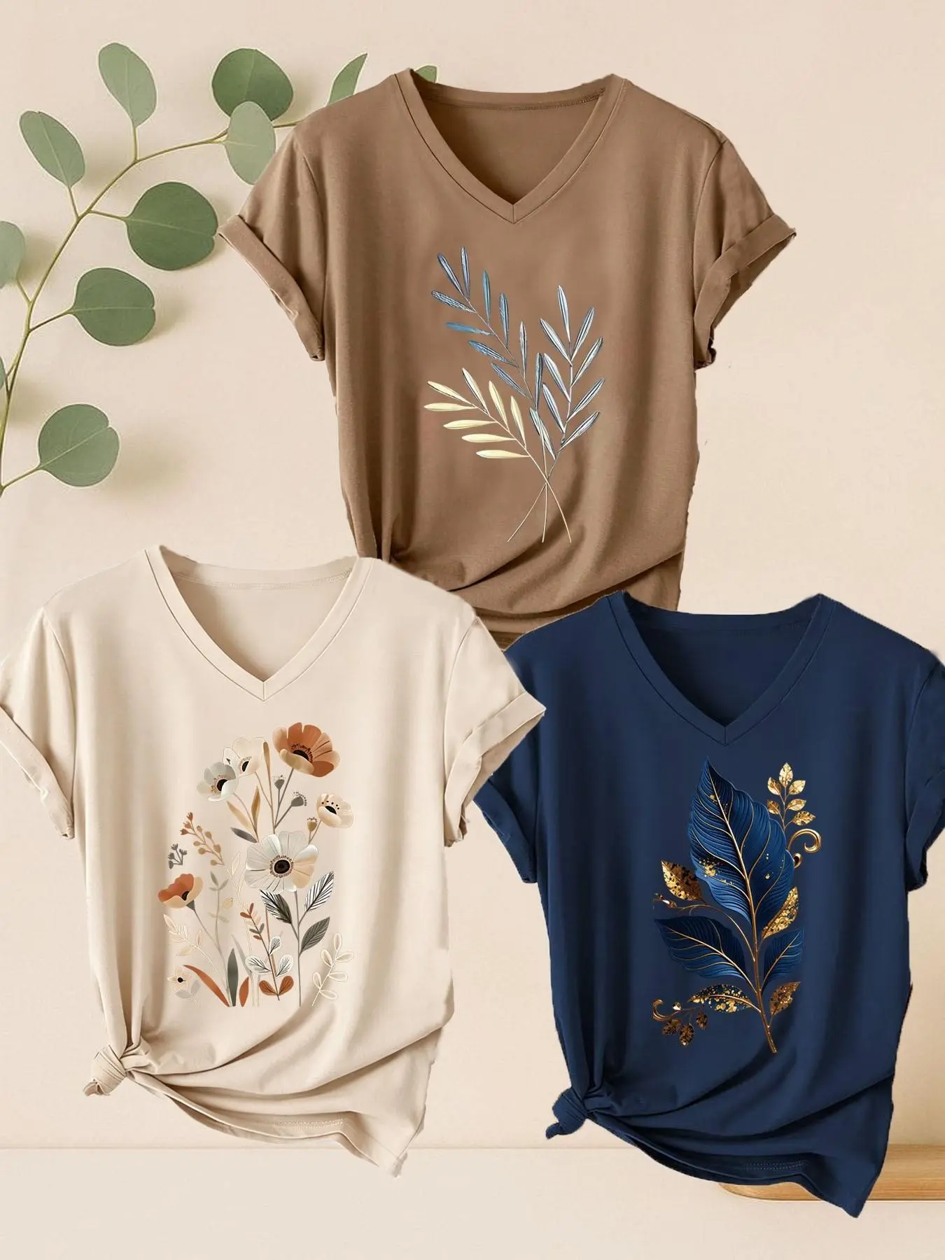 3-Pack Women's V-Neck Short Sleeve T-Shirts, Luxury Leaf & Flower Print, Casual Sporty Top, All Seasons, Soft Comfortable Fabric