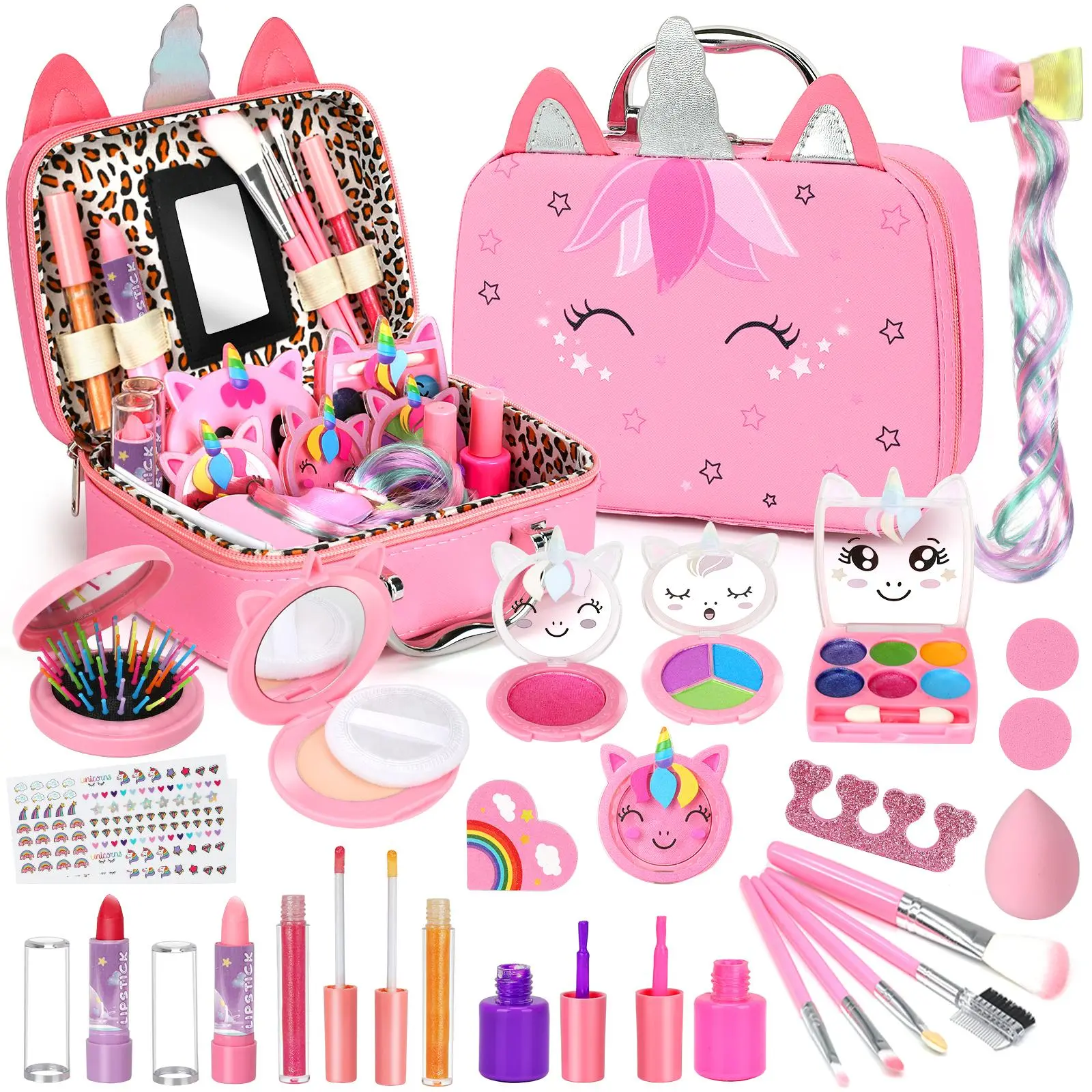26 PCS Washable Real Makeup Kit for Little Girls – Kids Makeup Set with Case & Mirror, Includes Nail Polish & Lipstick, Safe Non-Toxic Toddler Cosmetics for Princess Dress Up, Birthday Christmas Gifts for 3-12 Year Old