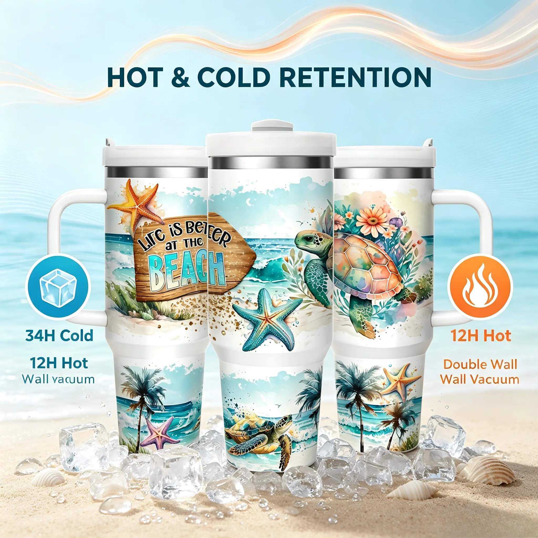 1 40oz stainless steel thermos cup with lid and straw, double vacuum insulation, turtle and starfish design, 12 hours heat/24 hours cold, perfect for home, office, Christmas, Thanksgiving, Valentine's Day, local warehouse delivery