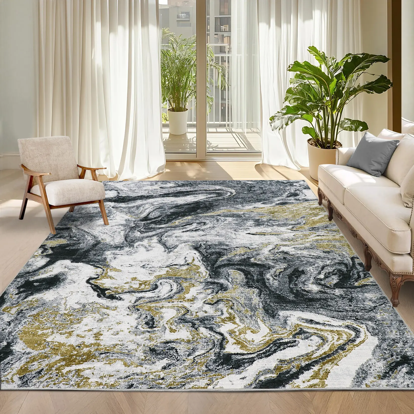Large Size Modern Abstract Printed Area Rug, Ultra-Thin Foldable Soft Non-Shedding Stain-Resistant Non-Slip Machine Washable Decor Rug for Bedroom, living Room, Farmhouse, Playroom mat