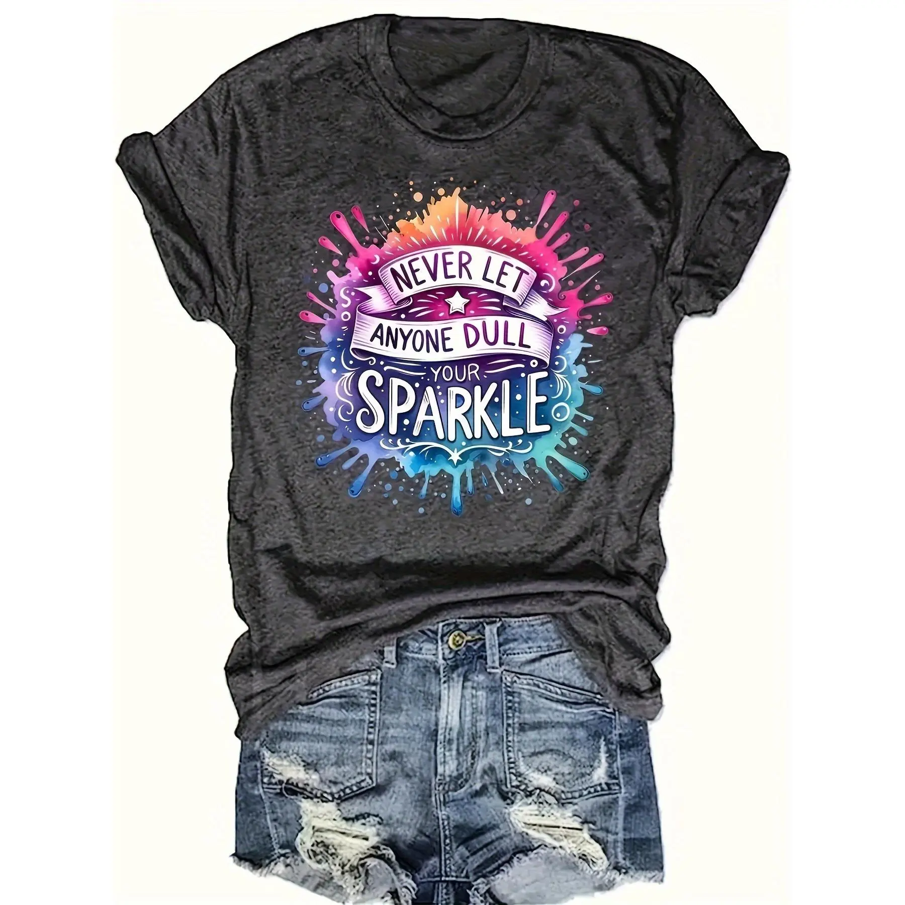 100% Cotton Women Round Neck Short Sleeve T-Shirt, Colorful Splash Inspirational Sparkle Slogan Front Print Dark Gray Loose Casual Tee, Positive Vibes Soft Breathable Summer Daily Wear Top Gift
