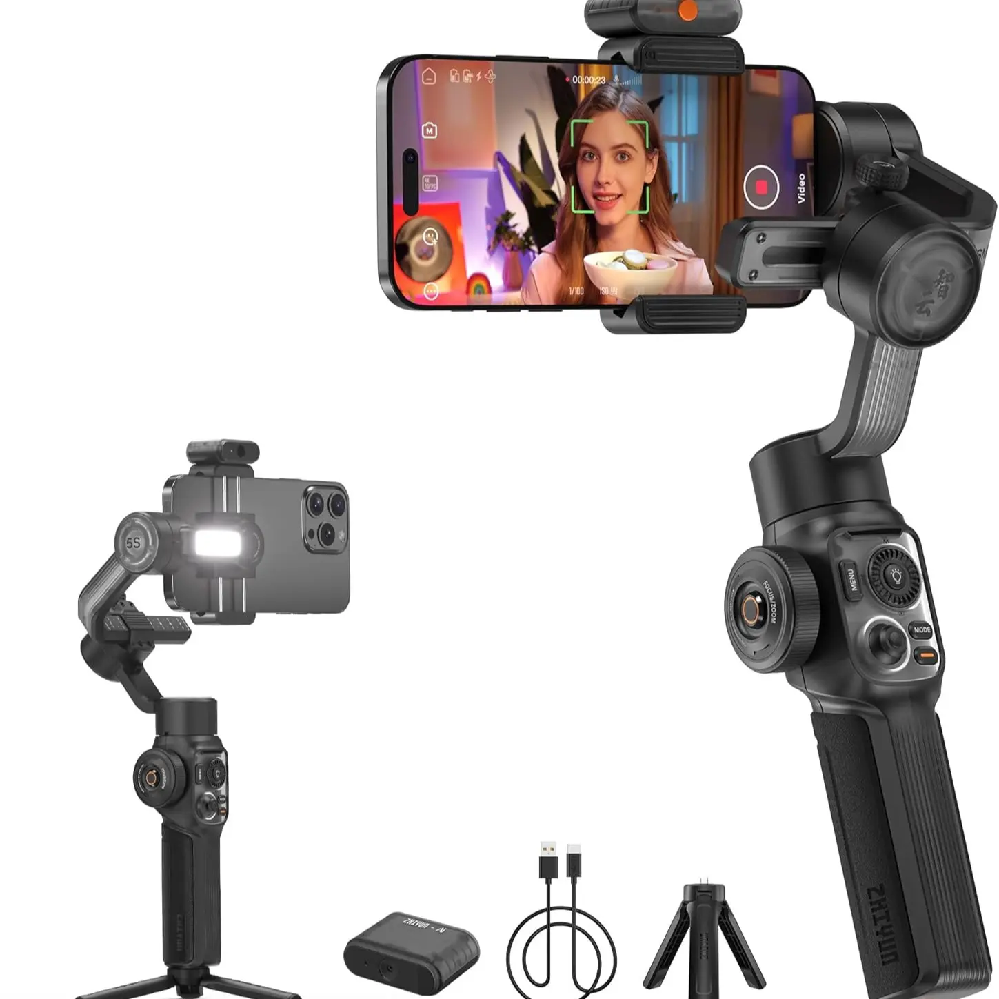 Zhiyun Smooth 5s Ai Combo 3-Axis Gimbal Stabilizer for iPhone 15 Pro Max & Android, Ai Tracker, Fill Light, Tripod, Video Recording Vlogging, Handheld Phone Gimbal, Photography Accessories