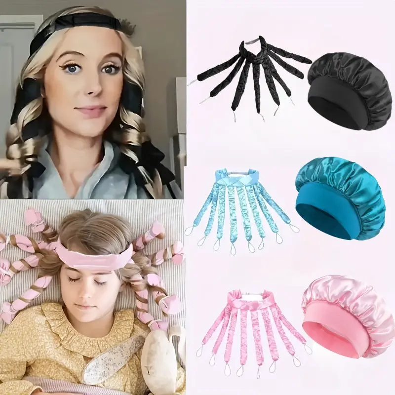 2pcs Heatless Hair Curler Headband Satin Curling Rod with Adjustable Strap Jumbo Sleep Bonnet Hair Cap for Women Long Hair Curls Overnight