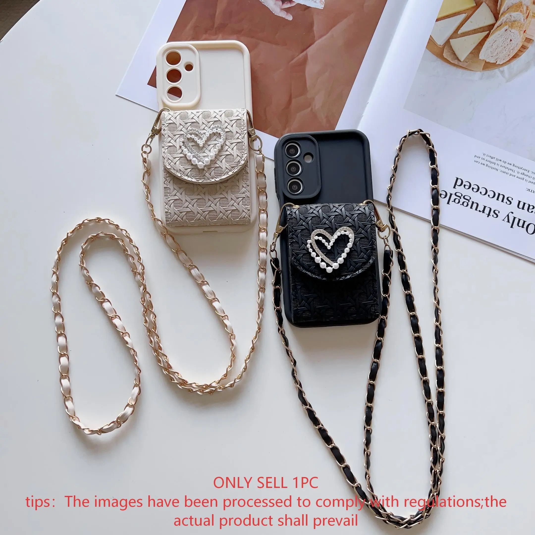 Suitable for OPPO Reno series Reno3/4/5/6/7/8/9/10/11/12/13/14/15, Pro, Plus, Lite, F, and other models, luxurious multi-layer card bag style hanging rope phone case that can store photos - pearl heart design crossbody hanging rope protective cover