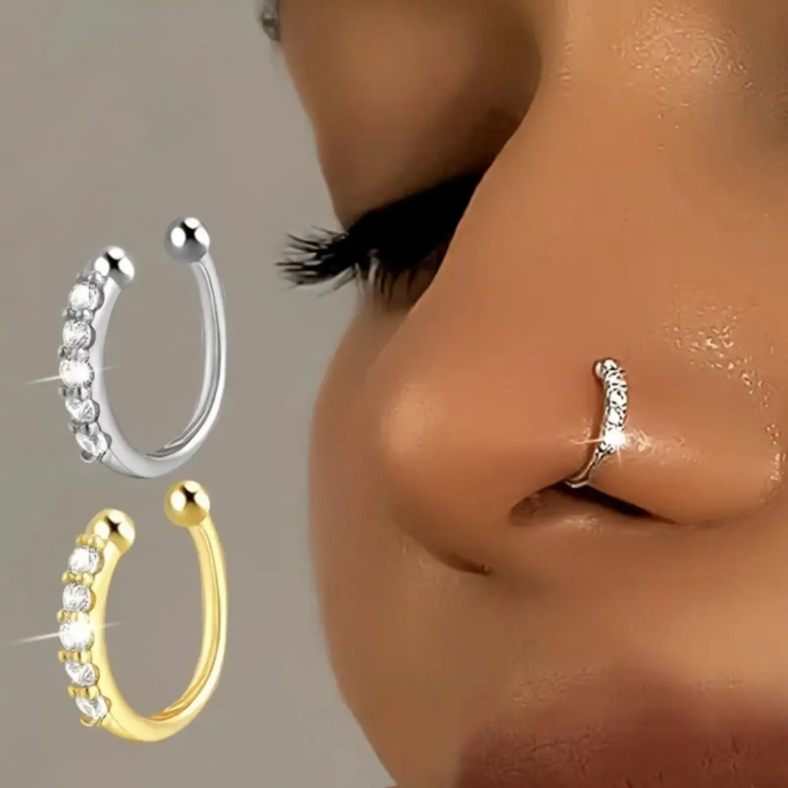 2Pcs/1Pcs Silver Plated Piercing Jewelry Set with tiny rhinestones, including nose rings, lip rings and ear cuffs. Boho European style, unique accessories for men and women daily styling.