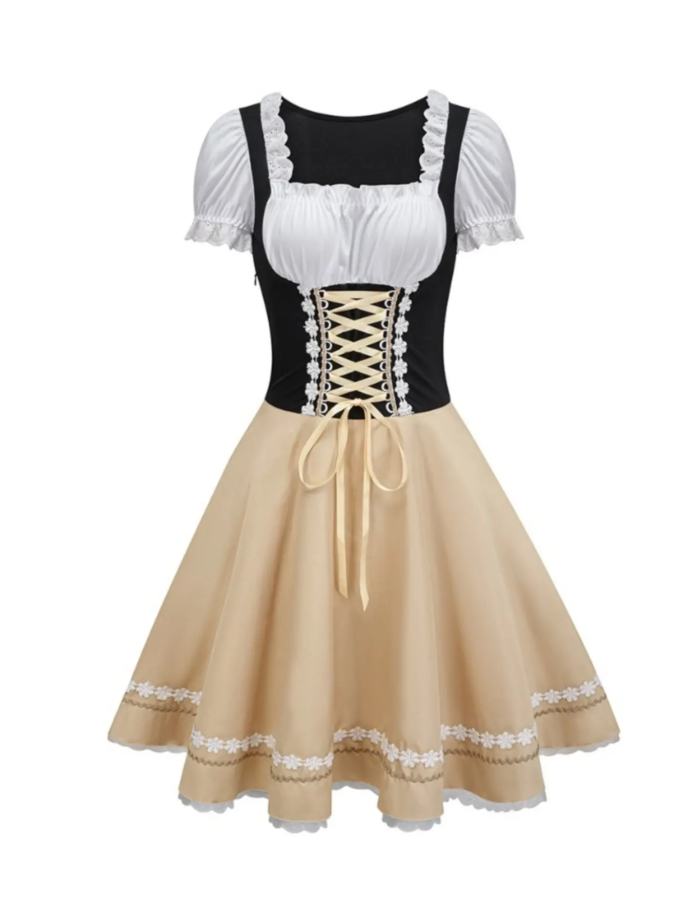 Womens Off Shoulder Dirndl Dress Lace Trim Puff Sleeve Bavarian Costume, Oktoberfest Maid Fancy Dress for Halloween Party, Costume for Parties
