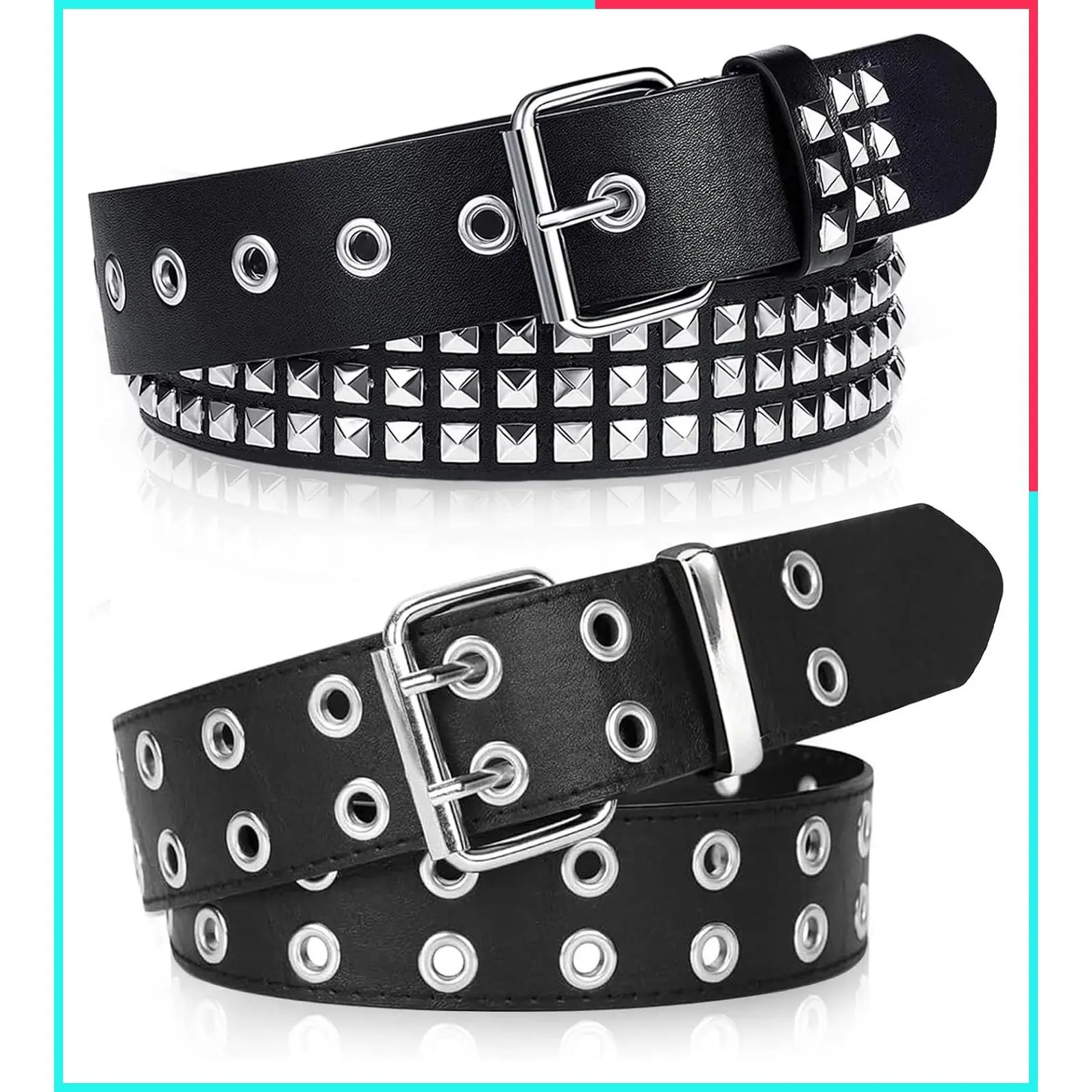 2 Pcs Black Studded Belt Y2K Metal Punk Rock Double Grommet Belts with Bright Pyramid Studs for Women Men