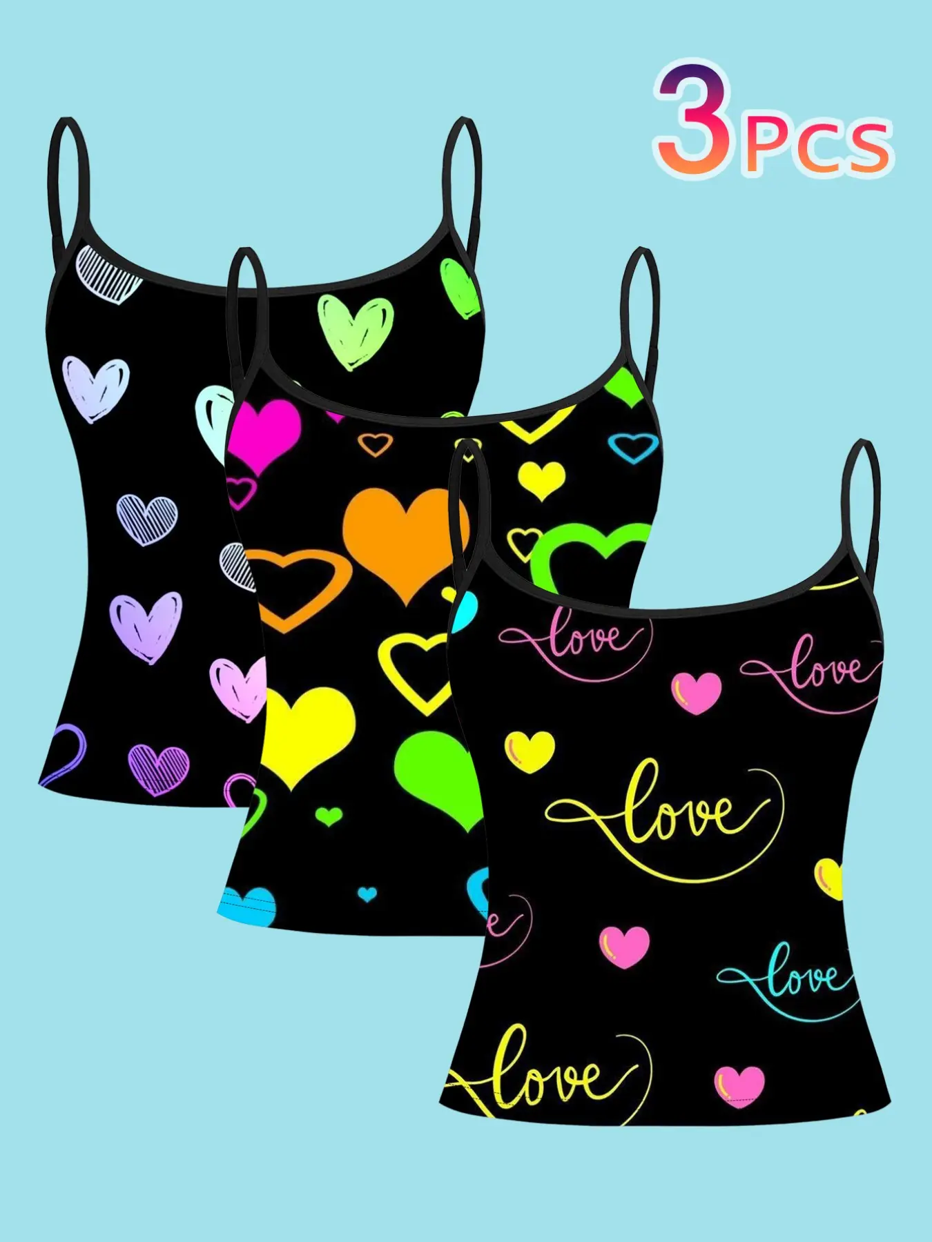 3-Pack Base Colorful Hand-Drawn Heart Print Strapless Tank Tops, Neon Style 'love' Letter Thin Shoulder Top, Women's Inner Outer Wear, Spaghetti Strap, Camisole Tank Tops