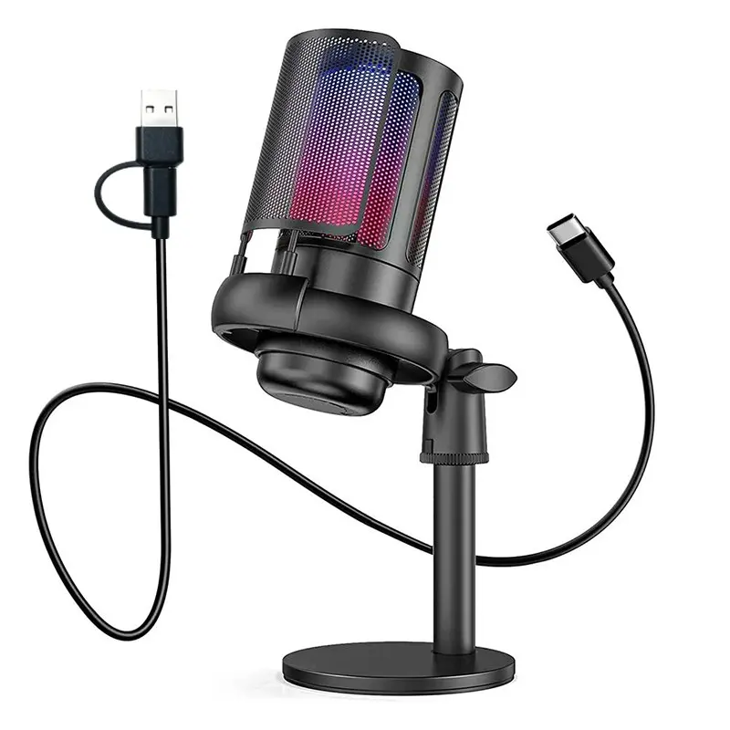 USB Condenser Microphone, RGB Lighting Microphone with Stand, Professional Microphone for Recording, Live Streaming, Gaming, Karaoke Singing, Audio, Tripod Mic, Live Streaming Equipment, Podcast Studio Equipment