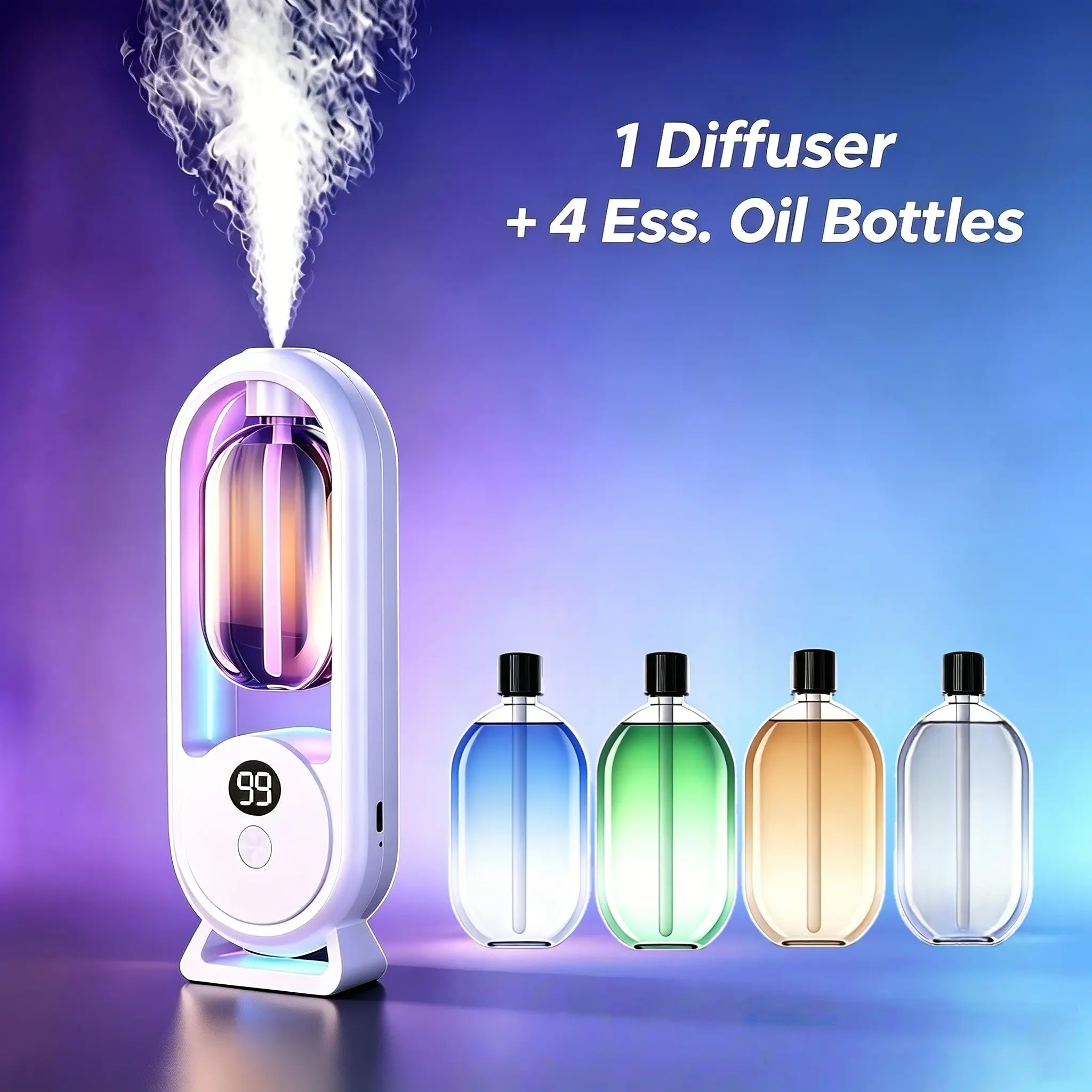 Small Automatic Spray Diffuser, Automated Aromatherapy, with 4 Bottles of Gardenia Essential Oil, 7-Color Ambient Light, 4 Spray Speed Settings, 50ML