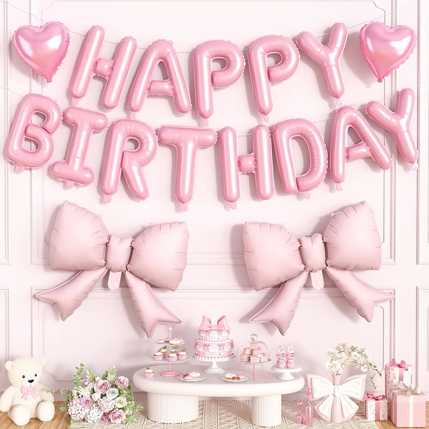 18pcs Pink Happy Birthday Balloon Banner (13pcs letter balloons +2pcs Pink Bow Balloons+2pcs Heart Foil Balloon +1pc ribbon) for Girls Women Birthday Decorations Princess Coquette Party Decor Balloon Decorations Kit
