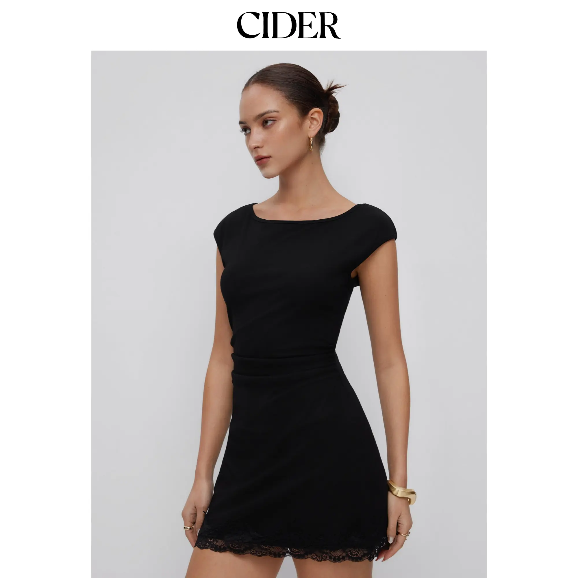 Cider Cotton-blend Boat Neck Ruched Lace Panel A-line Mini Dress SummerFinds