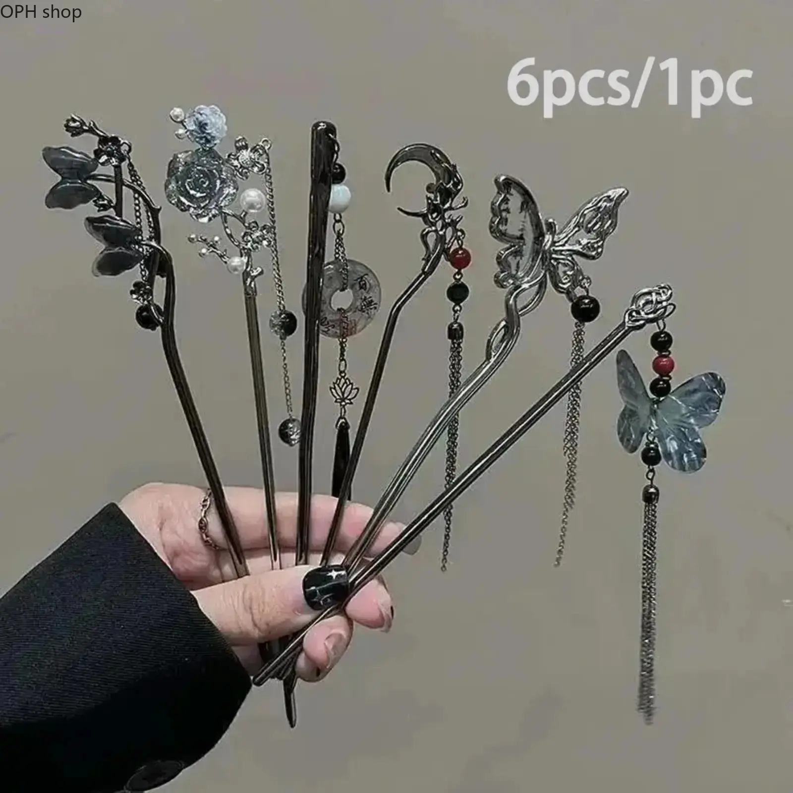 Women's 6-Pack Vintage Chinese-Style Metal Hairpin Set - Butterfly, Floral, Tassel Hair Sticks, Elegant Goth Costume Accessories for Hanfu, Cosplay Parties, 6 Pieces, Daily