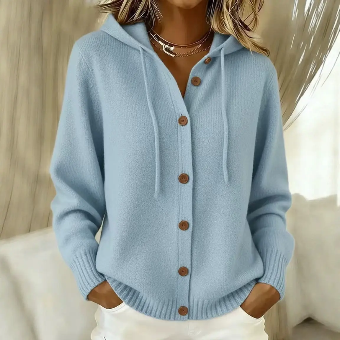 2026 button knitted hooded sweater cardigan jacket autumn and winter new cross-border solid color casual fashion women's clothing