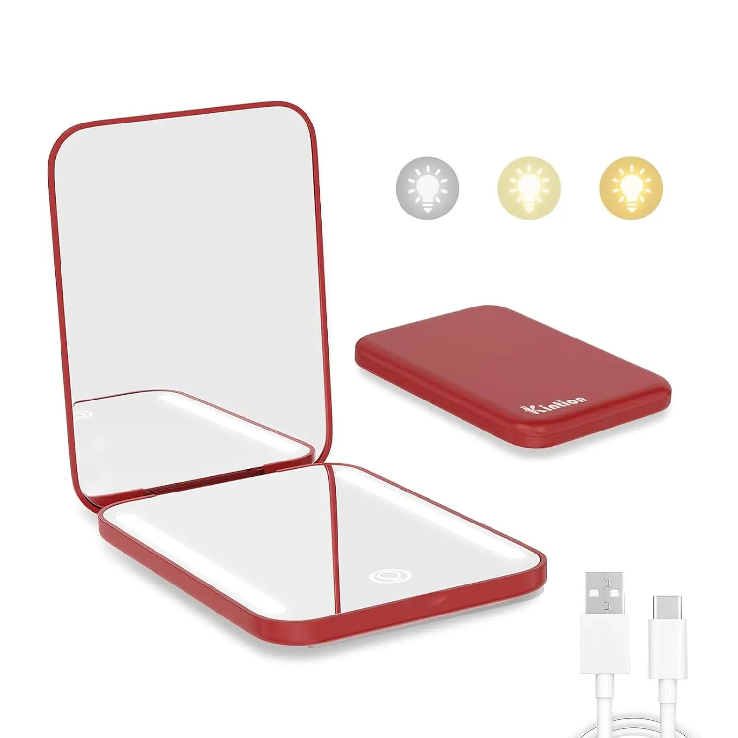Rechargeable Pocket Mirror, Double Sided 1X/3X Magnification Compact  Mirror, 3 Color Lights, Dimmable, Small Portable Wallet Mirror, Lighted Travel Mirror for Women Gifts,  Red