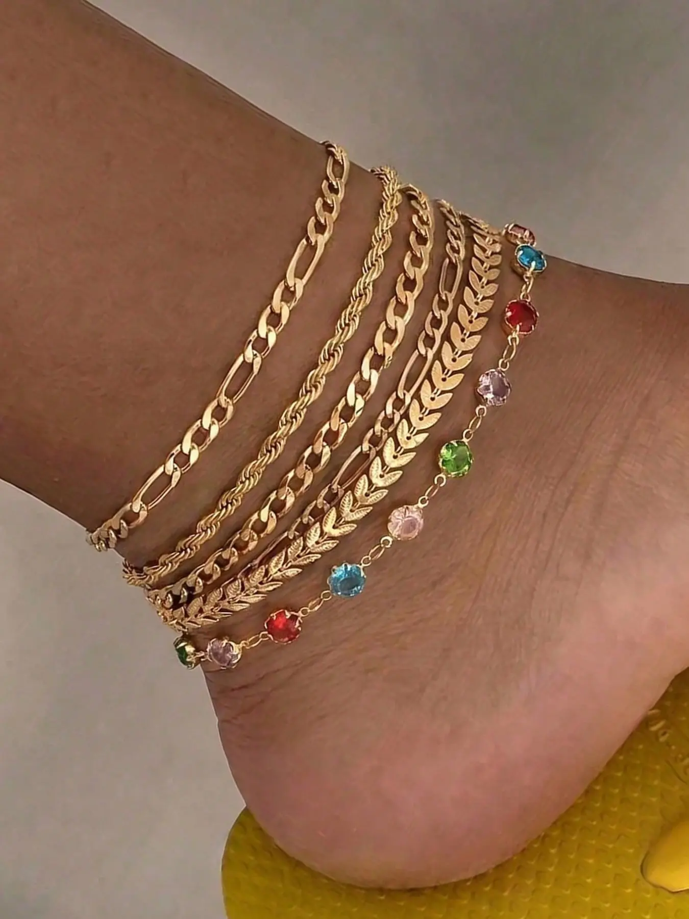 6pcs Boho Gold Anklet Set, Cuban Link, Rope Chain, Leaf Chain & Colorful Crystal Anklets, Layered Adjustable Ankle Bracelets for Women, Everyday Fashion Jewelry Gift