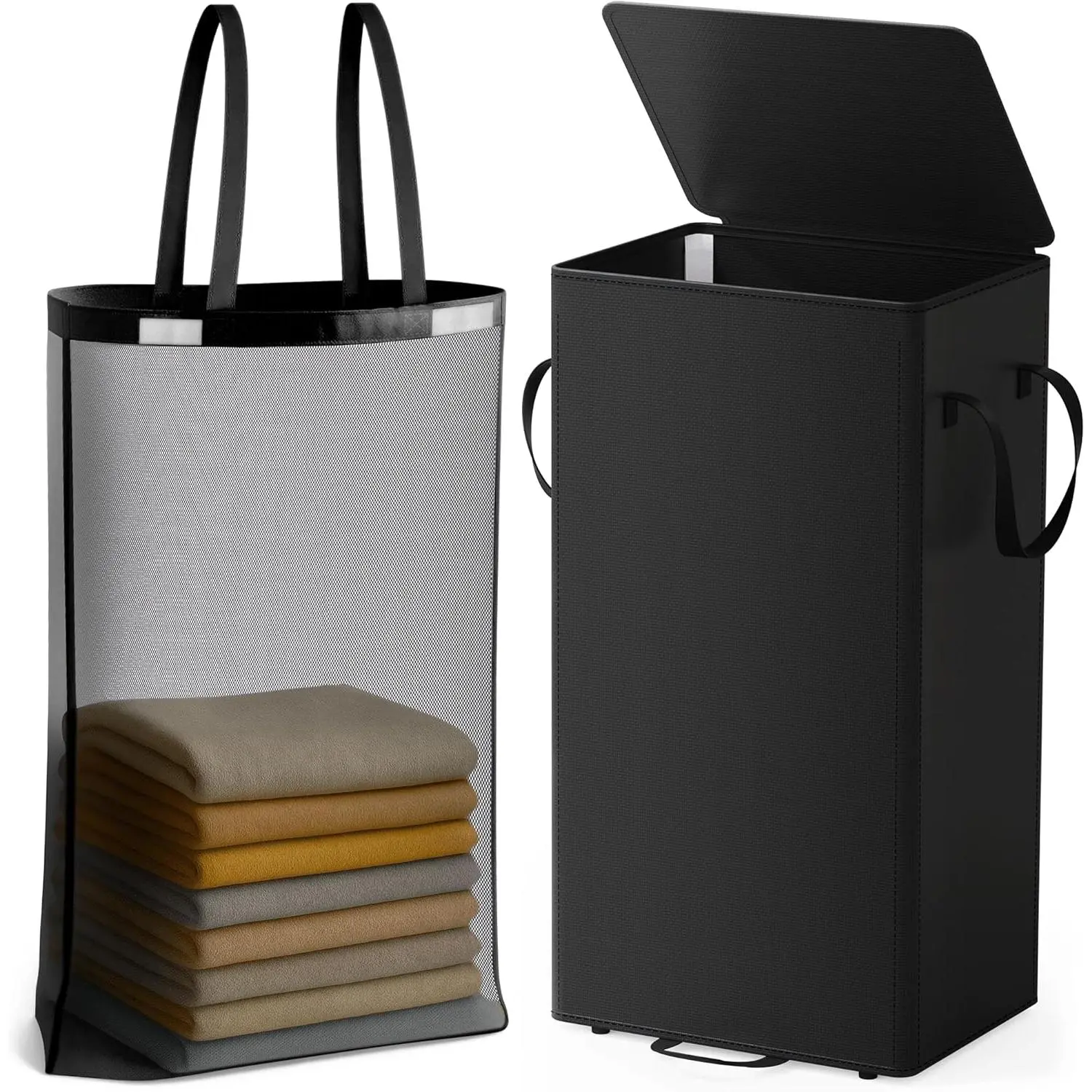 Laundry Hamper with Lid and Foot Pedal, 100L Fabric Laundry Basket with Removable Mesh Bag, Slim Foldable Design for Bathroom and Laundry Room (Black)