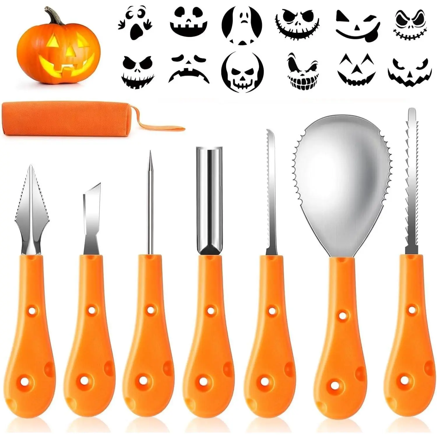 Halloween Pumpkin Carving Kit,Professional and Heavy Duty Stainless Steel Tools,Pumpkin Carving Set with 12 Pumpkin Stencils Carrying Case(7pcs)