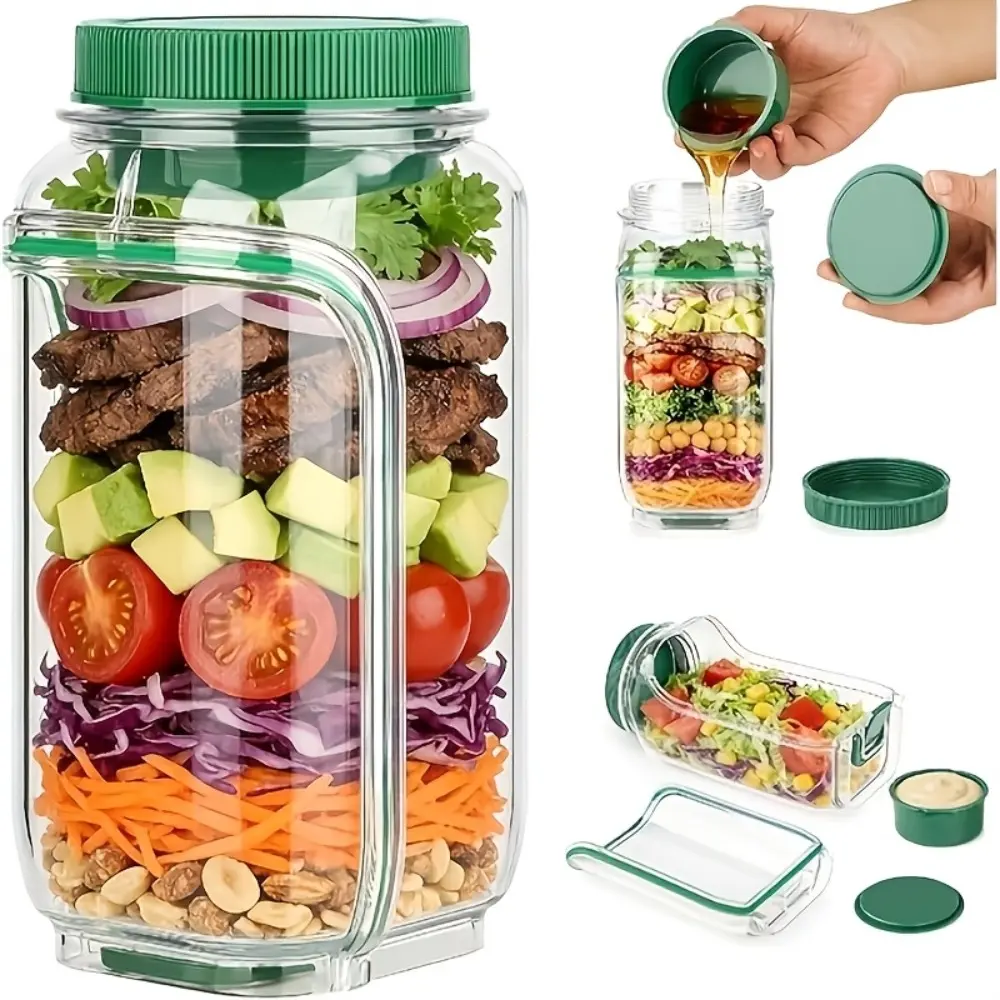 Salad container with dressing cup, side opening design, leak-proof sealed portable salad jar, light food lunch box for work and fitness