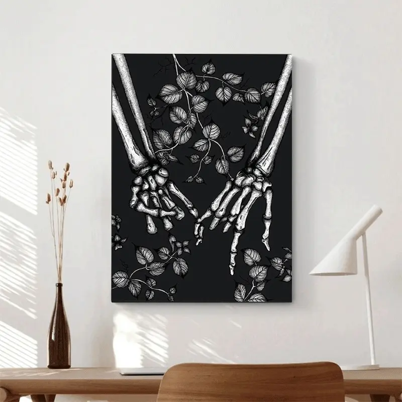 1pc Pine Wood Frame Gothic Romantic Skeleton Hands & Love Symbol 2D Flat Canvas Graphic Print - Dark Aesthetic Minimalist Hangable Wall Art, Home Decor for Living Room, Bedroom, Home Supplies, Macabre Theme