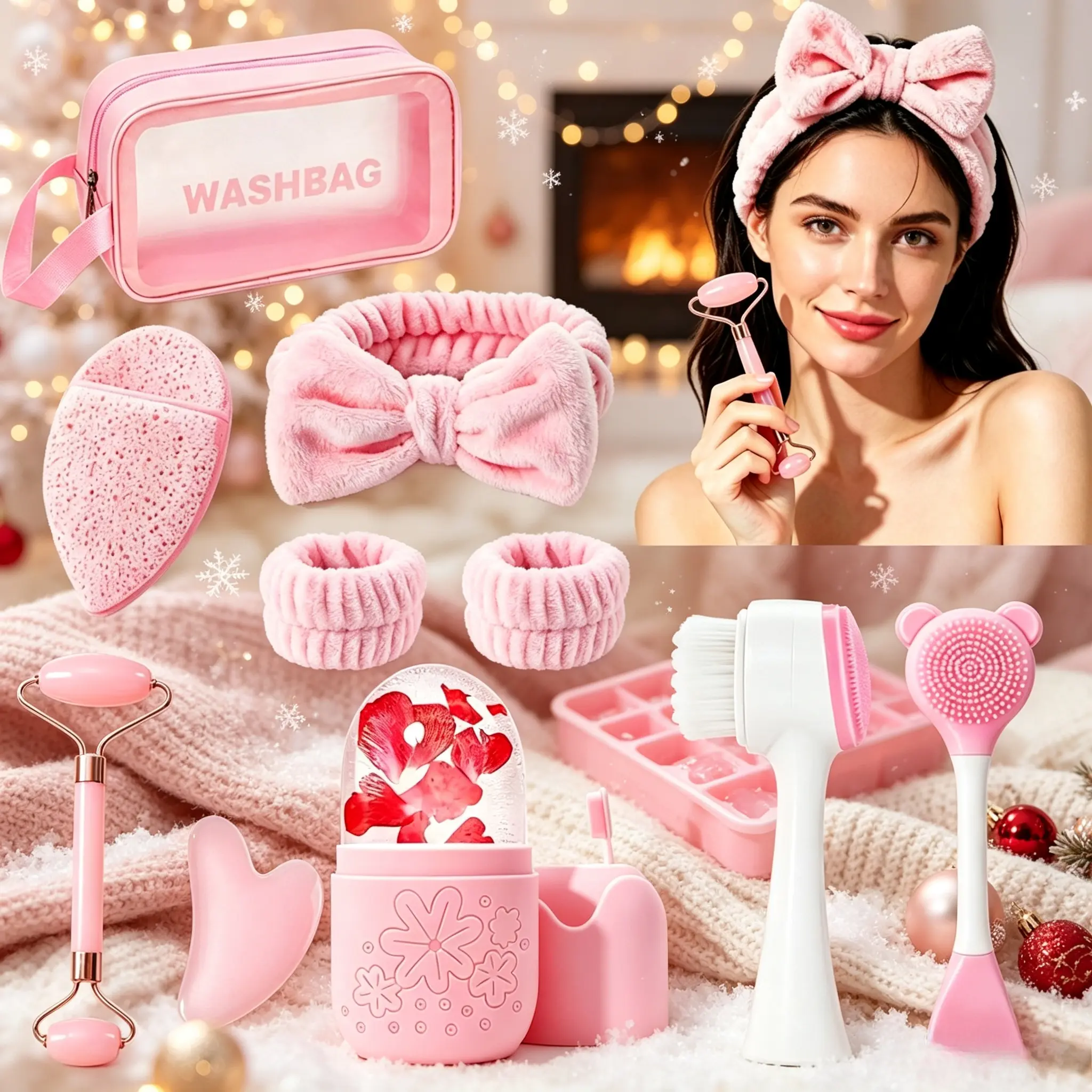 10-piece home spa bundle for ladies, soft pink washing headbands & wristbands plus gua sha and massage comb. Breathable gentle fabric for cleansing, facial scraping & scalp relief, ritual spa-themed present for all women.