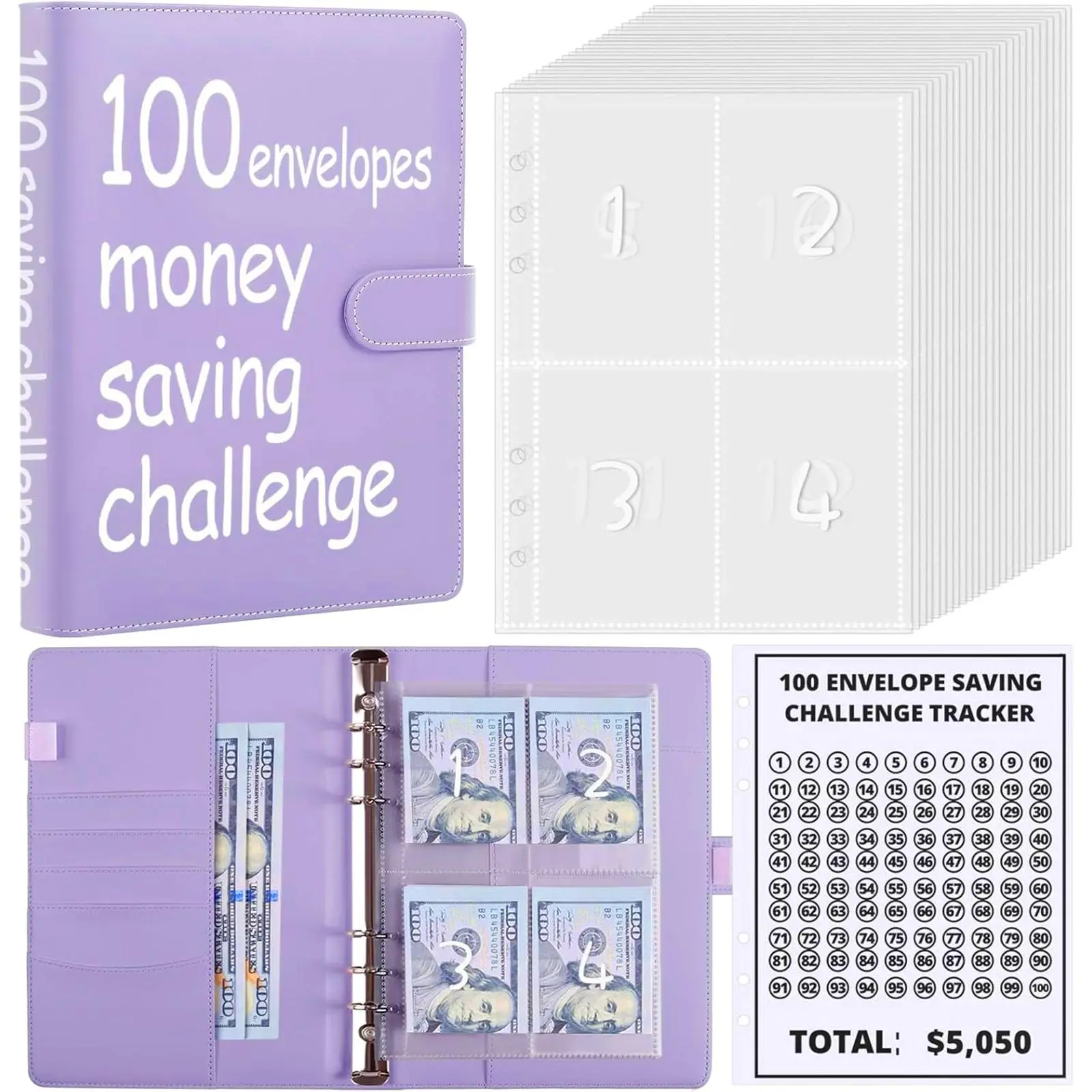 A5 Budget Binder Book with 100 Envelope Savings Tracker, Numbered Cash Envelopes for 100-Days $5,050 Saving Challenge, Pink Office Stationery Financial Organizer