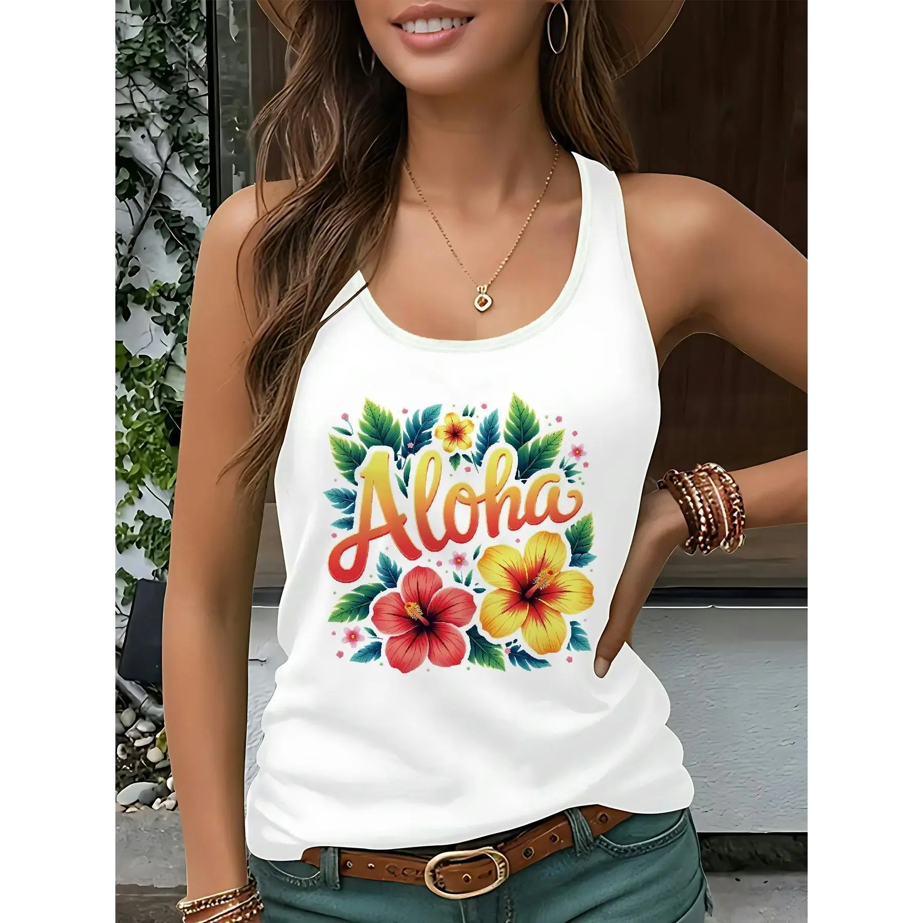Women's Tropical Hibiscus Print Crew Neck Tank Top, Casual Lightweight Polyester Blend with Medium Stretch, Summer Tropical Clothing, Machine Wash, Sleeveless, Knit