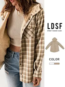 2026 Fall Winter Plaid Casual Jacket, Fall Jackets, Long Sleeve Fitted Button Front Coat, Women's Versatile Hooded Woolen Outerwear