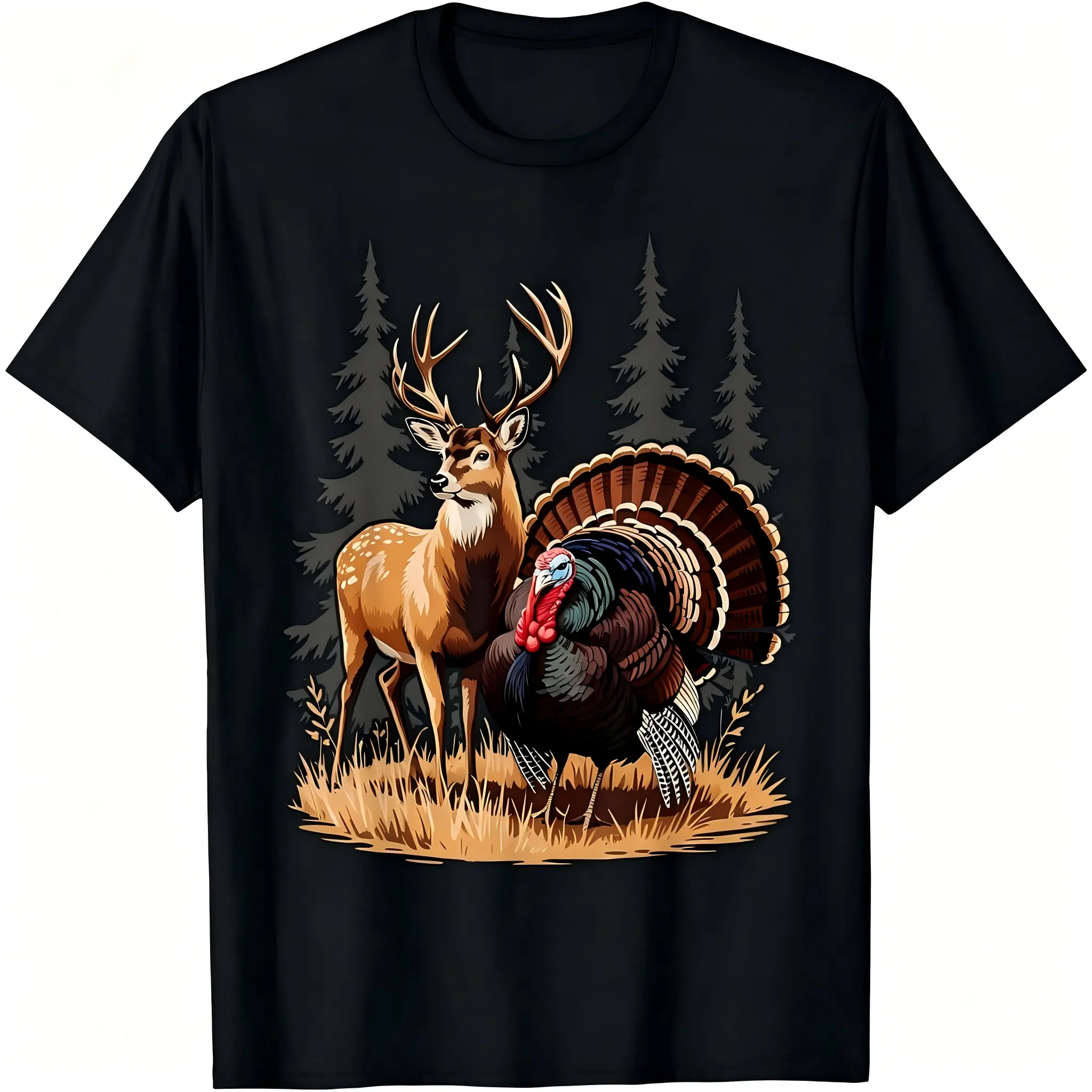 Deer Turkey Forest Hunting Unisex T-Shirt for Men & Women - Vintage Wildlife Graphic, Soft Cotton Crew Neck Short Sleeve, Comfortable All-Season Tee, Perfect Outdoor Hunter Camping Streetwear Gift for Everyday Style, Summer Spring, Machine Washable
