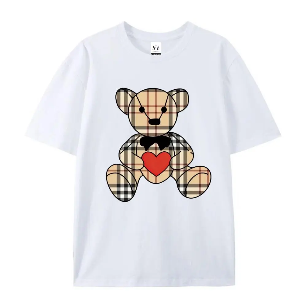 Women's Cute Crew-Neck T-Shirt, Checkered Bear With Heart Print, Casual Tops, Women's Clothes, Tshirt, Round Neck, Cartoon, Casual Sweet, Soft Crew Neck