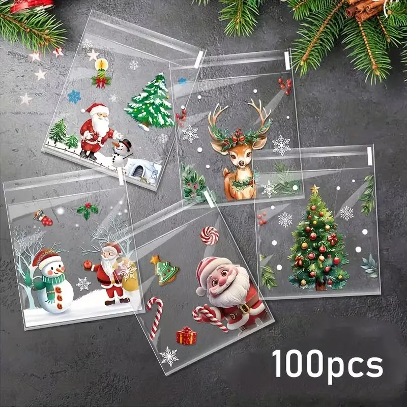 100pcs New Five-In-One Christmas Snack Candy Opp Transparent Self-Adhesive Bags, Holiday Party Chocolate Cookie Gift Packaging Bags