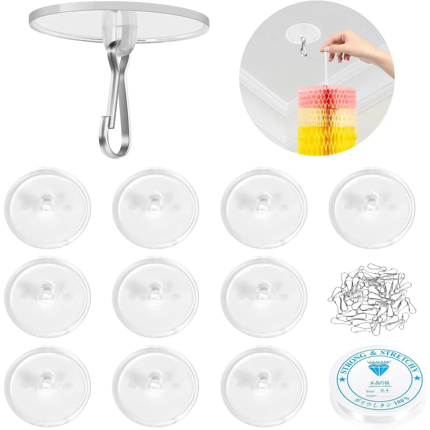 10-Pack Self-Adhesive Ceiling Hooks with 80ft  Line for Paper Lanterns , Removable Sticky -Free No-Drill Ceiling Wall Hooks for Festival Wedding Birthday Party