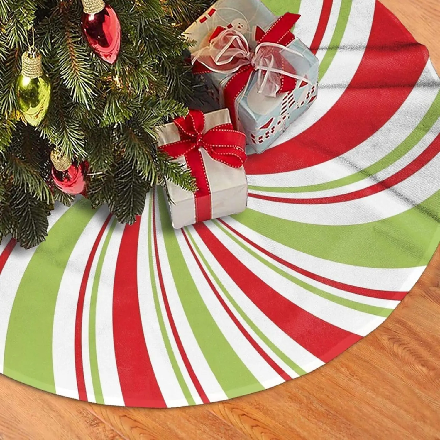 30 Inch Christmas Tree Skirt – Peppermint Candy Stripe Tree Mat, Large Red White Green Holiday Decoration, Rustic  Xmas Tree Skirt for Christmas Ornaments, Gifts & Party Decor