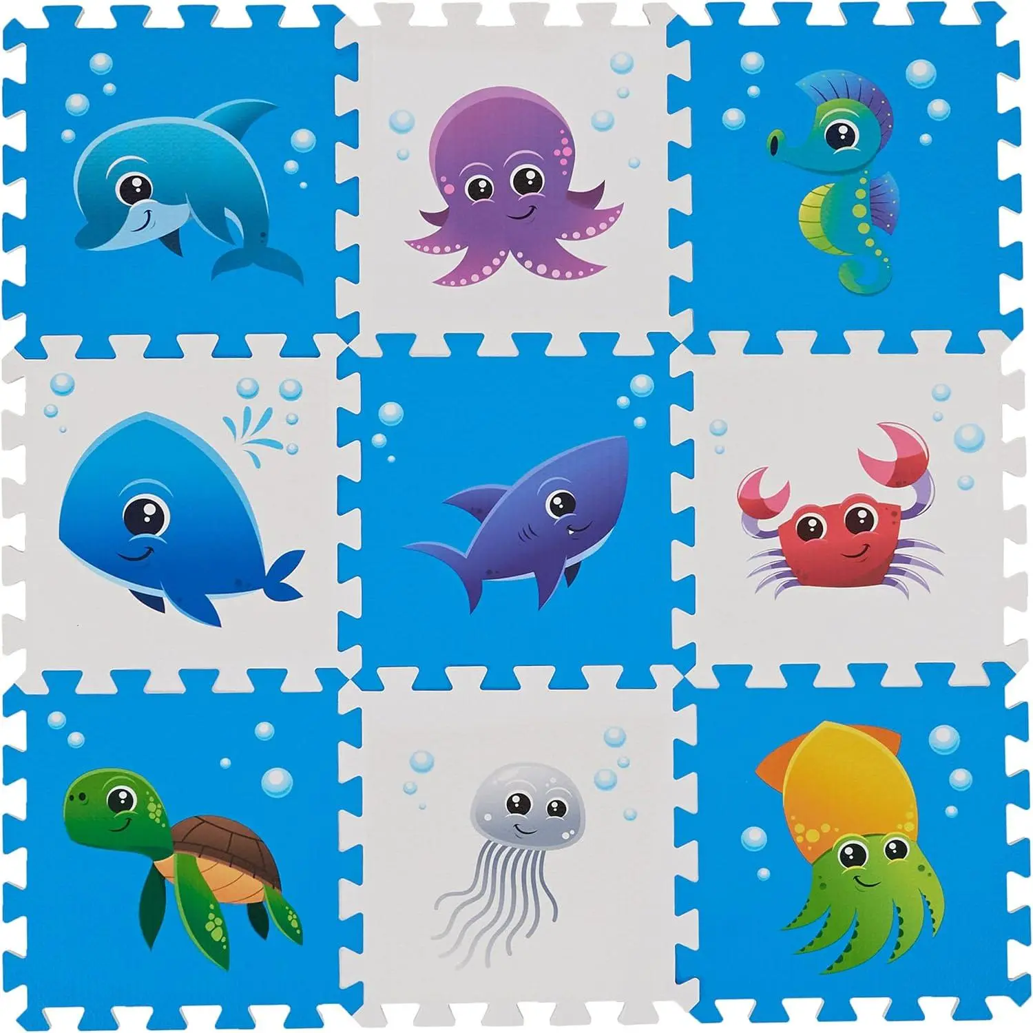 Puzzle Play Mat, Foam Floor Tiles, Children’s Foam Puzzle Mat Baby Floor Play Mat 34*34 Inches Sea World 9 Pieces, Edge Tooth A