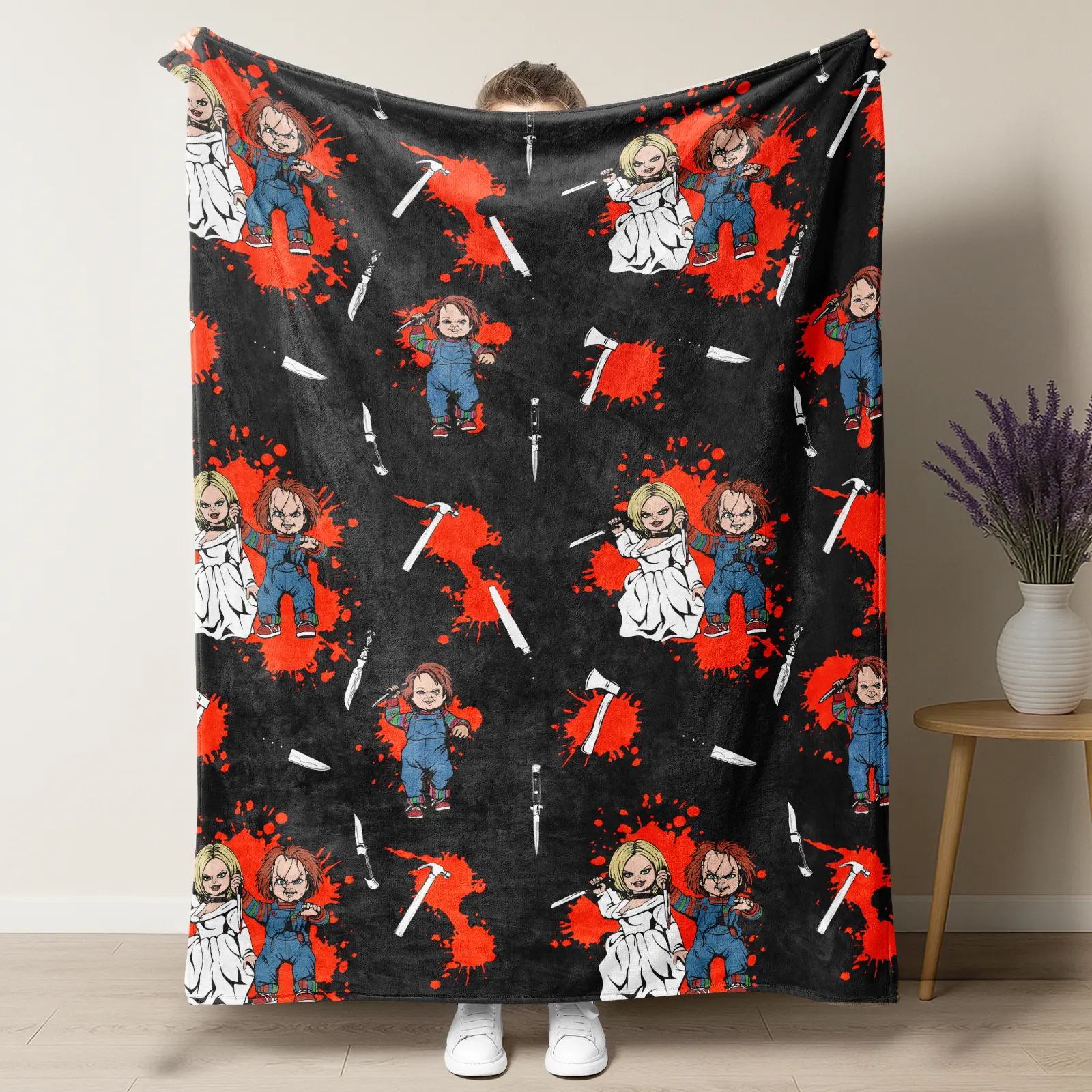 Chucky & Tiffany Blood Splatter Weapon Print Throw Blanket, Horror Movie Character Flannel Blanket, Spooky Halloween Cozy Blanket for Sofa Bedroom Decor