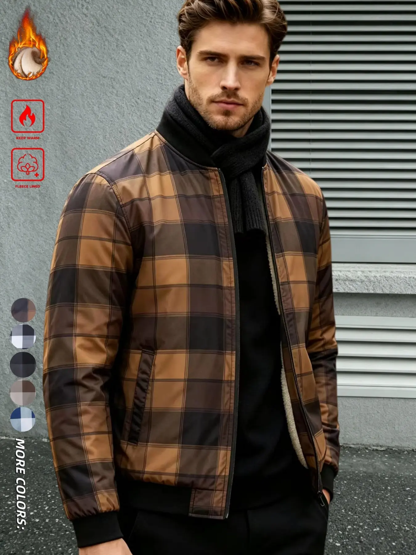 Men's Thickened Windproof Jacket, Vintage Plaid Print Baseball Neck, Loose Fit Side Pockets, Sheepskin Lining, Fall Winter Outerwear